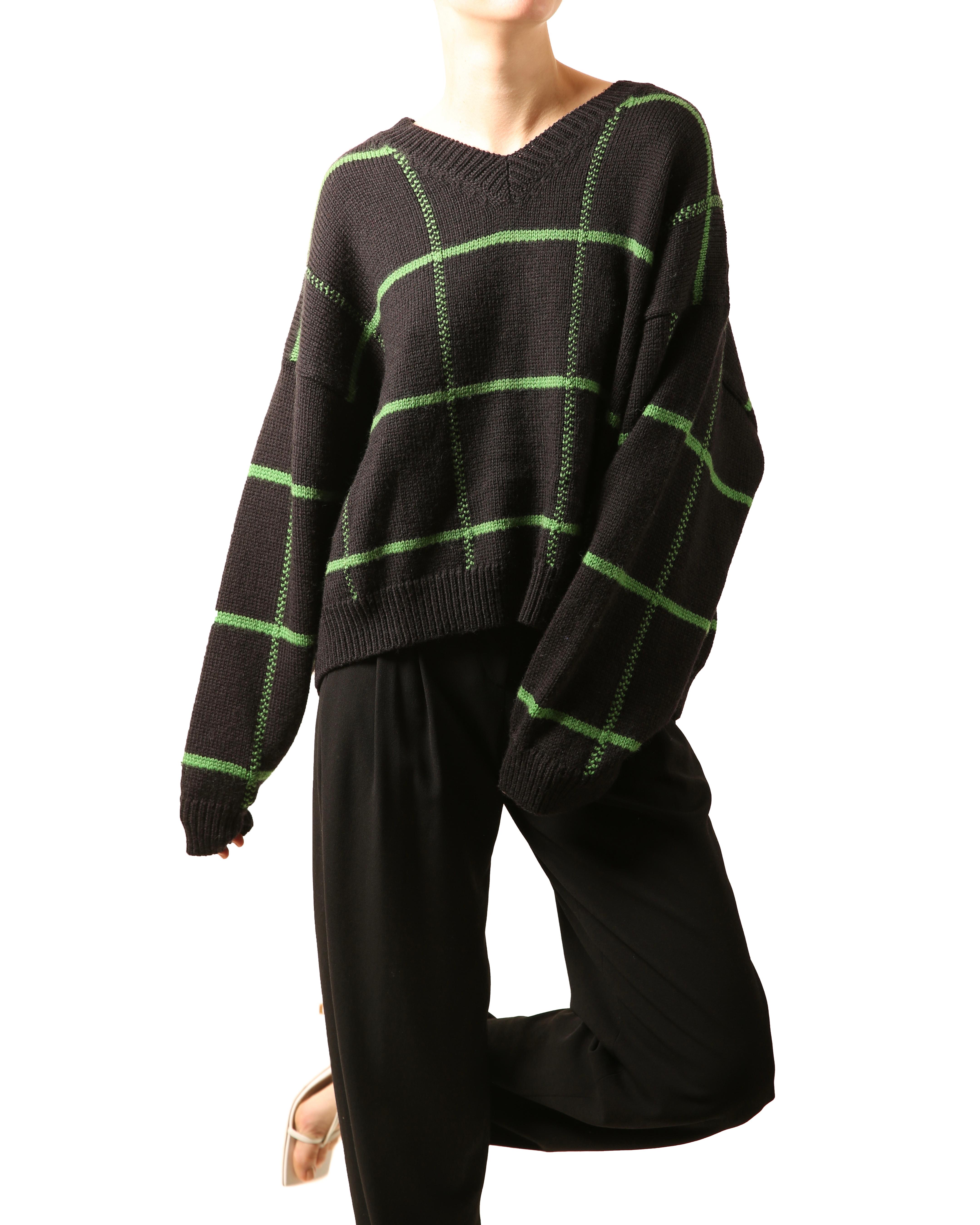 Women's Dries Van Noten oversized black green check print knitted wool ribbed sweater For Sale