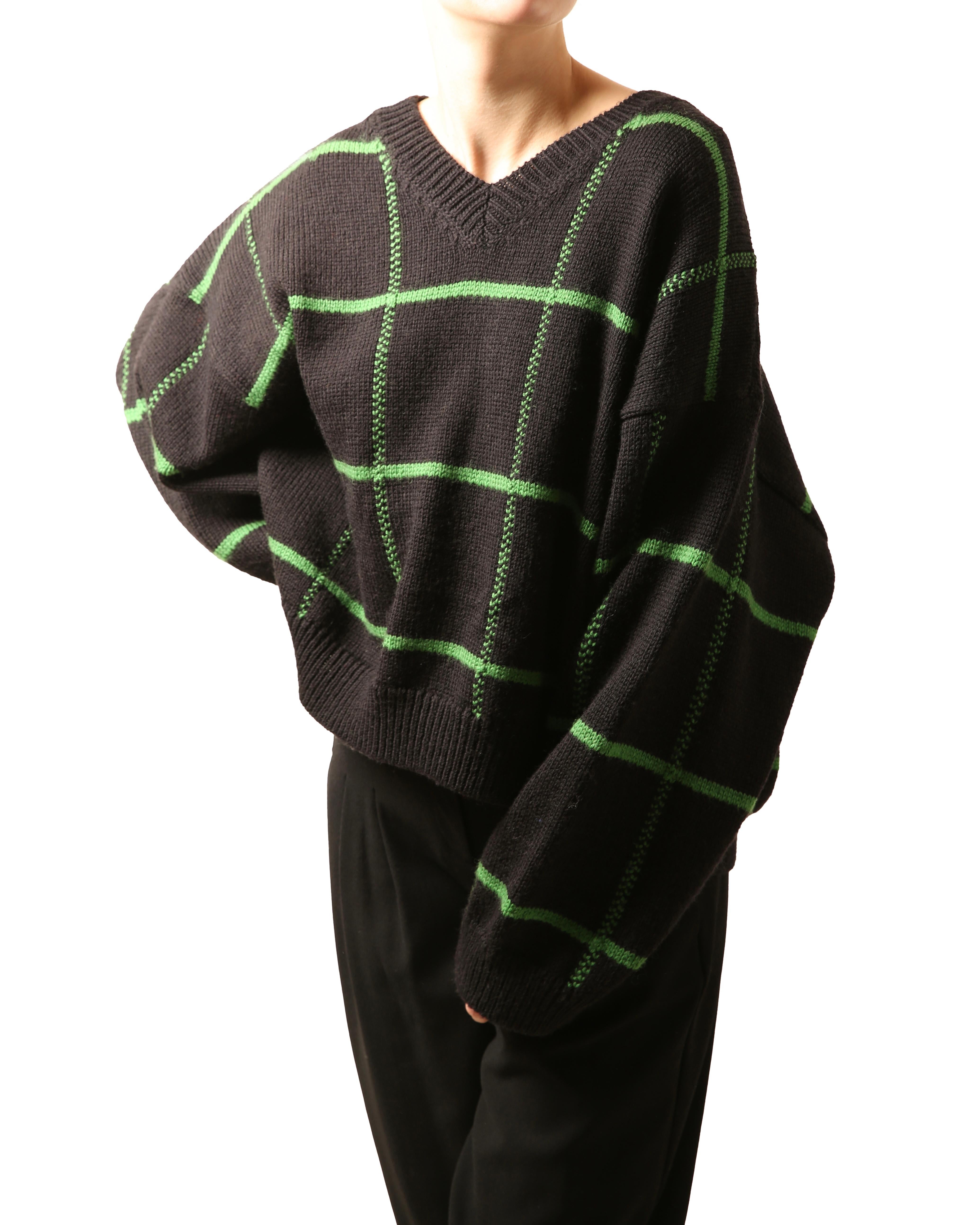 Dries Van Noten oversized black green check print knitted wool ribbed sweater For Sale 1