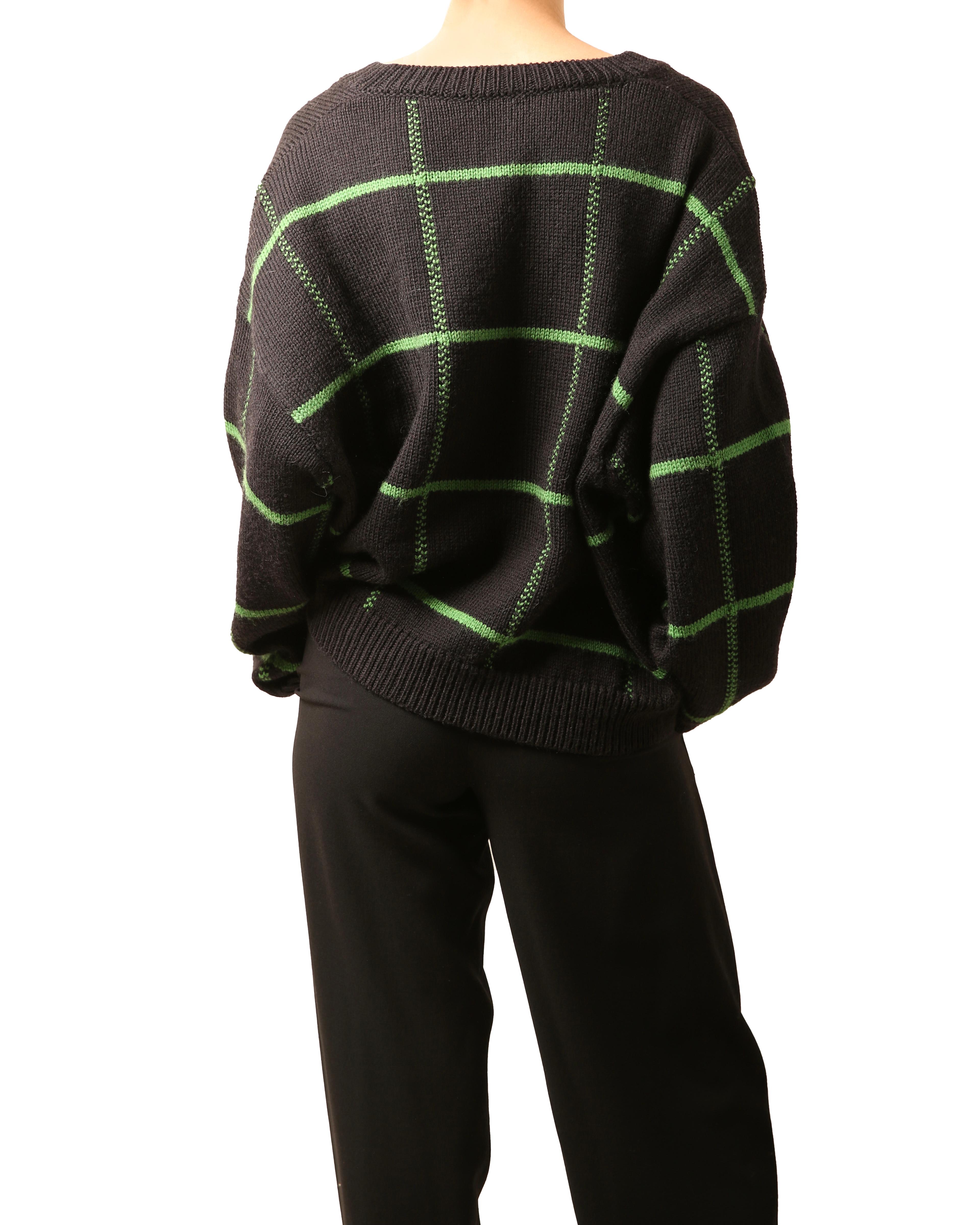 Black Dries Van Noten oversized black green check print knitted wool ribbed sweater For Sale