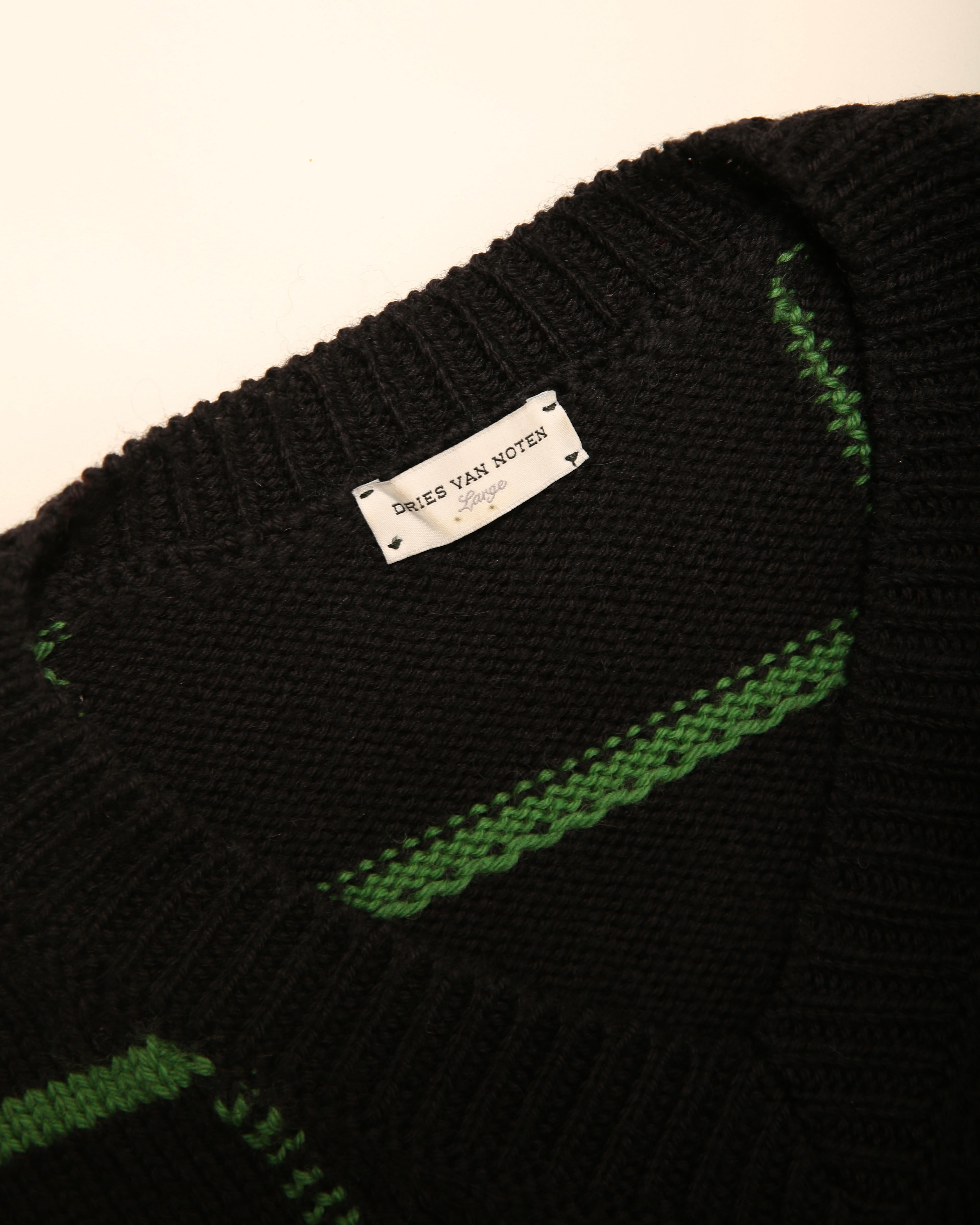 Dries Van Noten Übergroßer schwarz-grüner Pullover aus gestrickter Wolle mit Karodruck, gerippt 2
