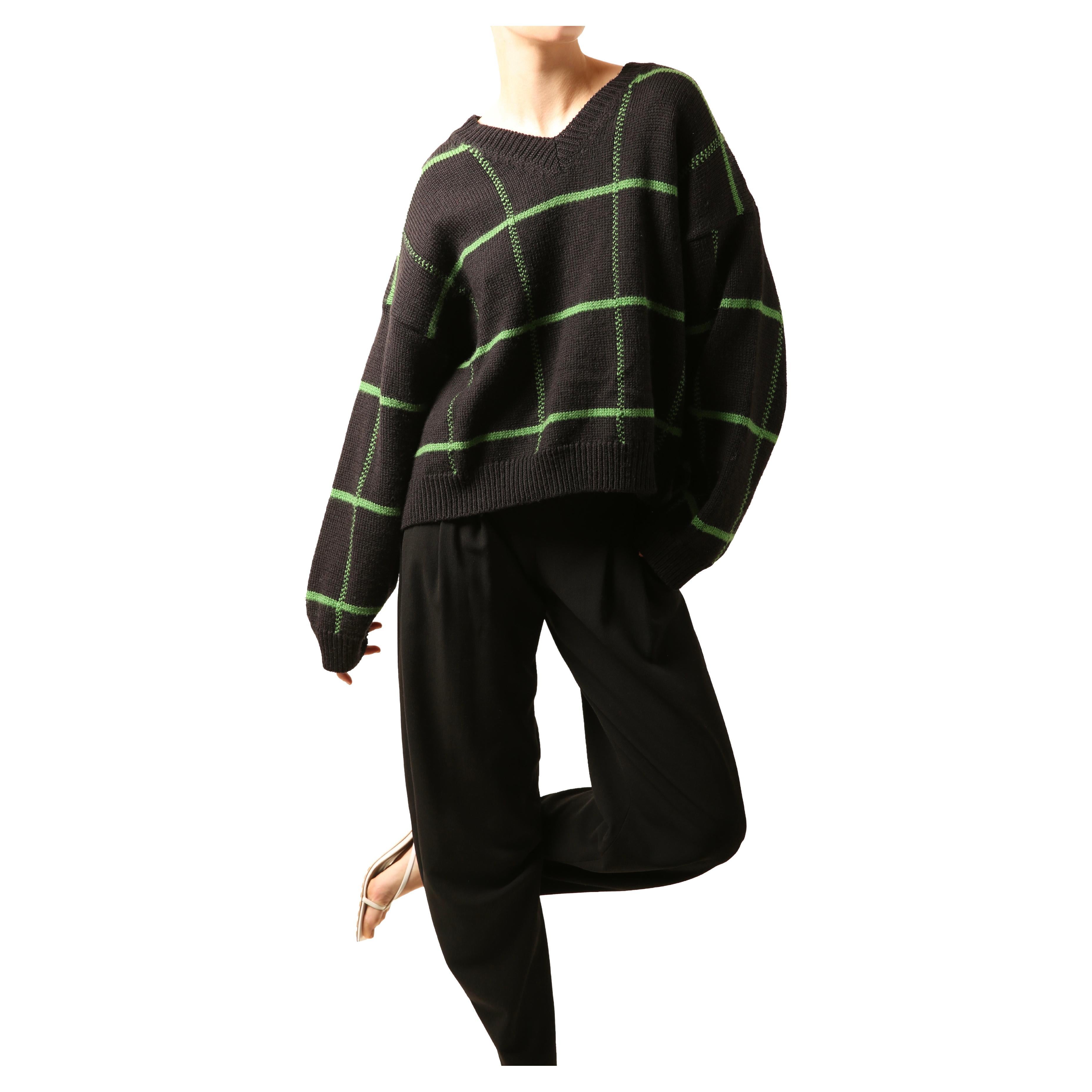 Dries Van Noten oversized black green check print knitted wool ribbed sweater For Sale