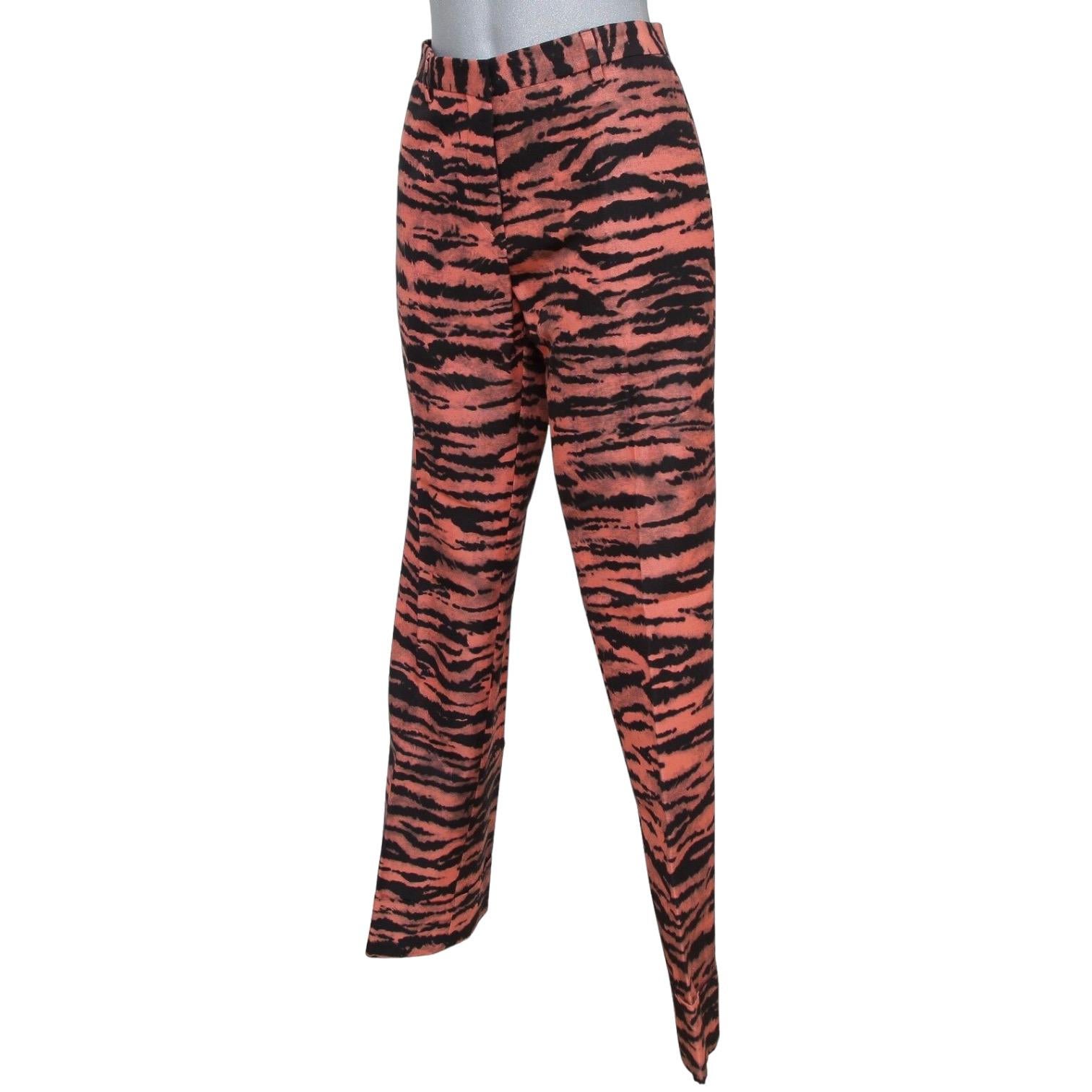Orange DRIES VAN NOTEN Pant Straight Leg Print Black Peach Sz 36 NWT For Sale