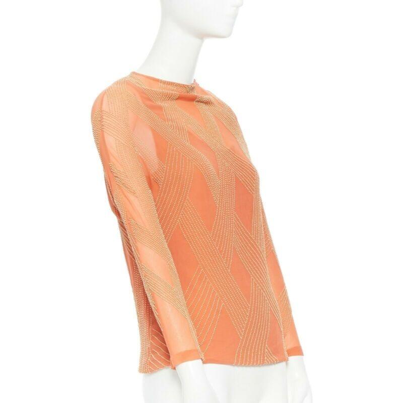 Orange DRIES VAN NOTEN pink silk chiffon apricot beaded embroidery art-deco top FR38 S For Sale
