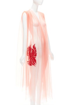 DRIES VAN NOTEN pink tulle red leaf embroidery V neck sheer fairy dress