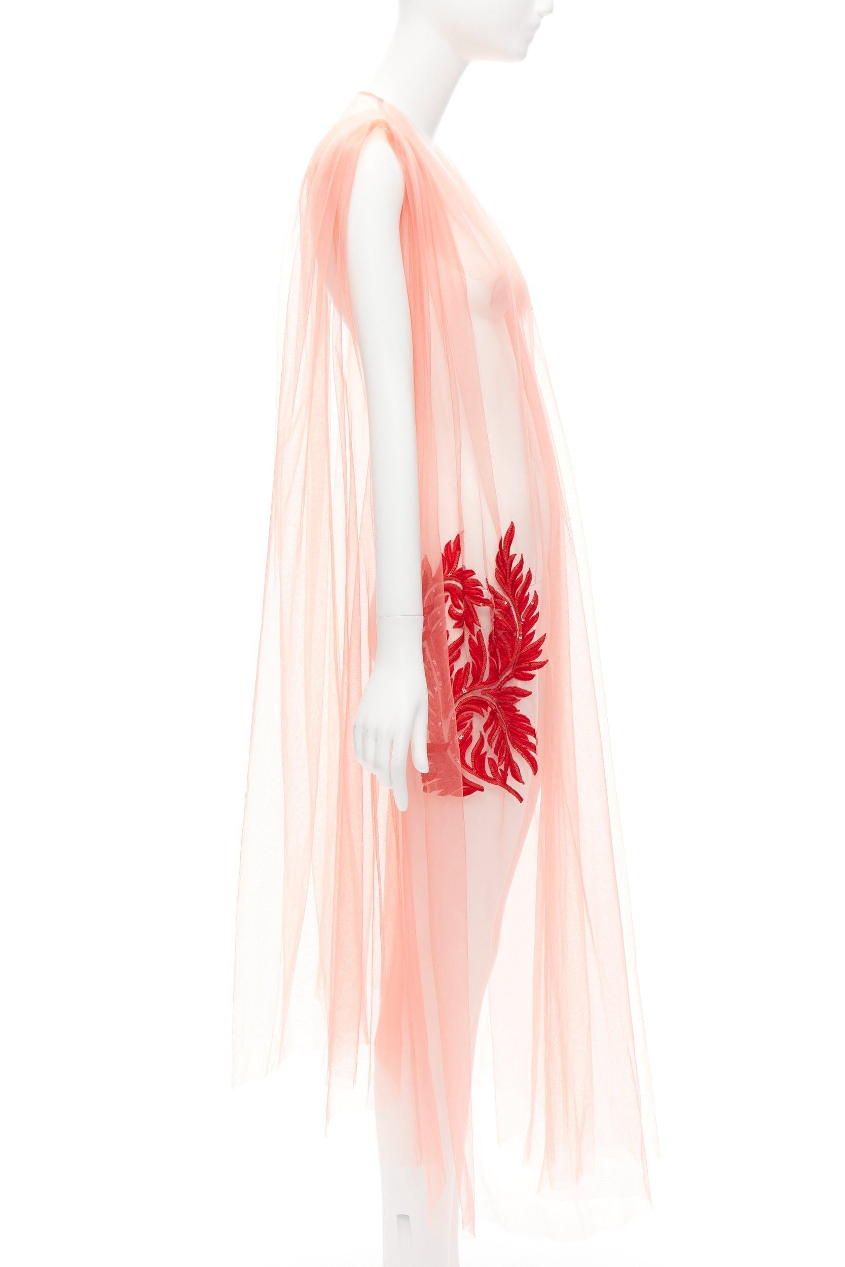 DRIES VAN NOTEN pink tulle red leaf embroidery V neck sheer fairy dress In Excellent Condition For Sale In Hong Kong, NT
