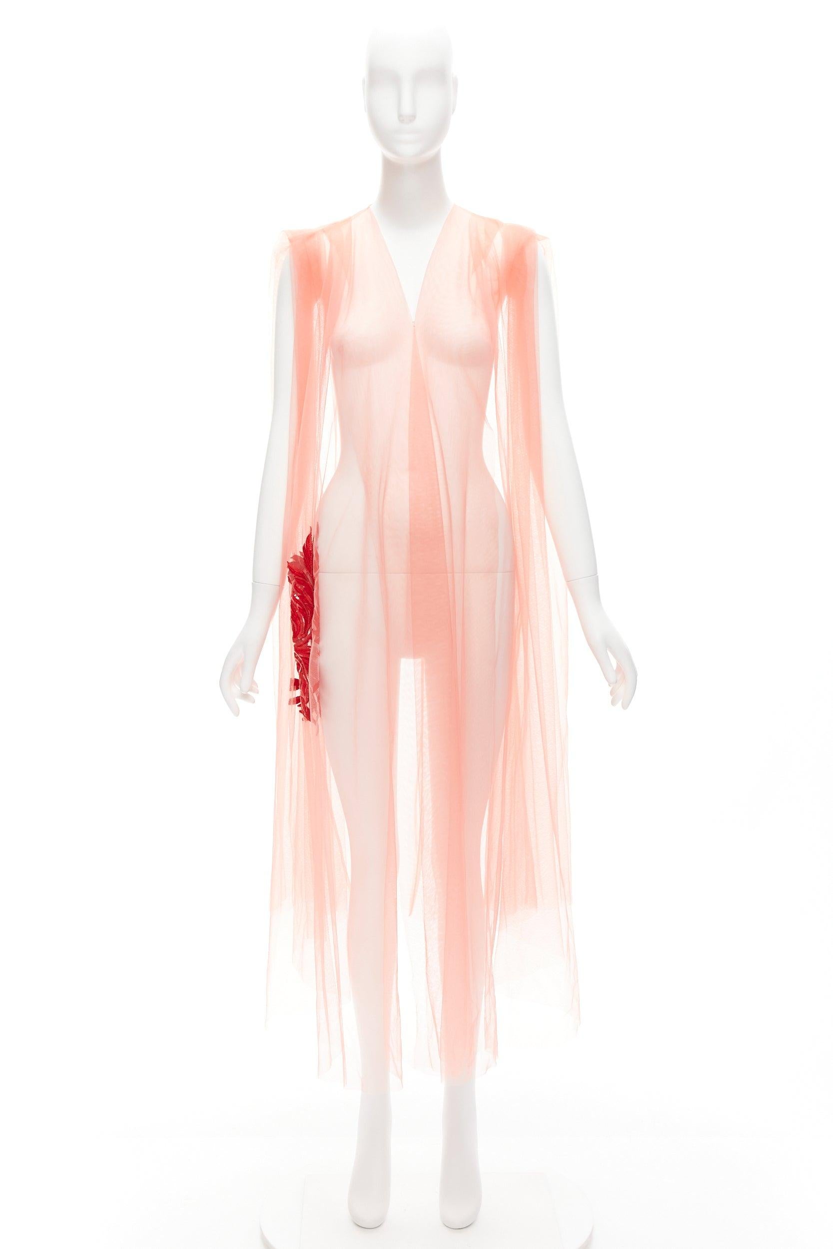 DRIES VAN NOTEN pink tulle red leaf embroidery V neck sheer fairy dress For Sale 4