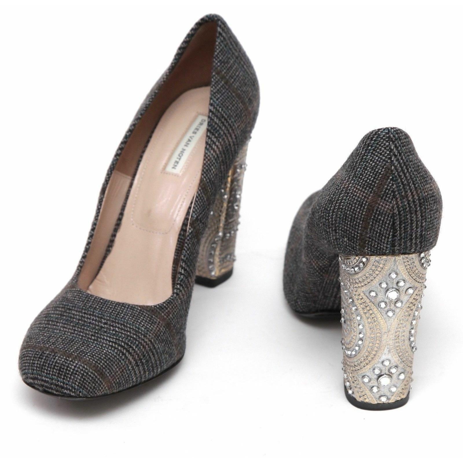 DRIES VAN NOTEN Pump Wool Plaid Check Leather Crystal Square Toe Sz 39.5 NEW 1
