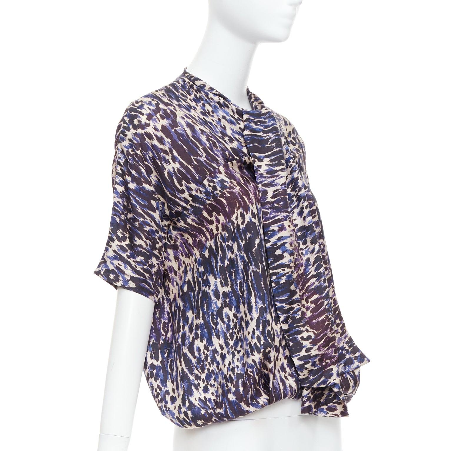 Gray DRIES VAN NOTEN purple 100% silk leopard print tie front blouse FR36 S
