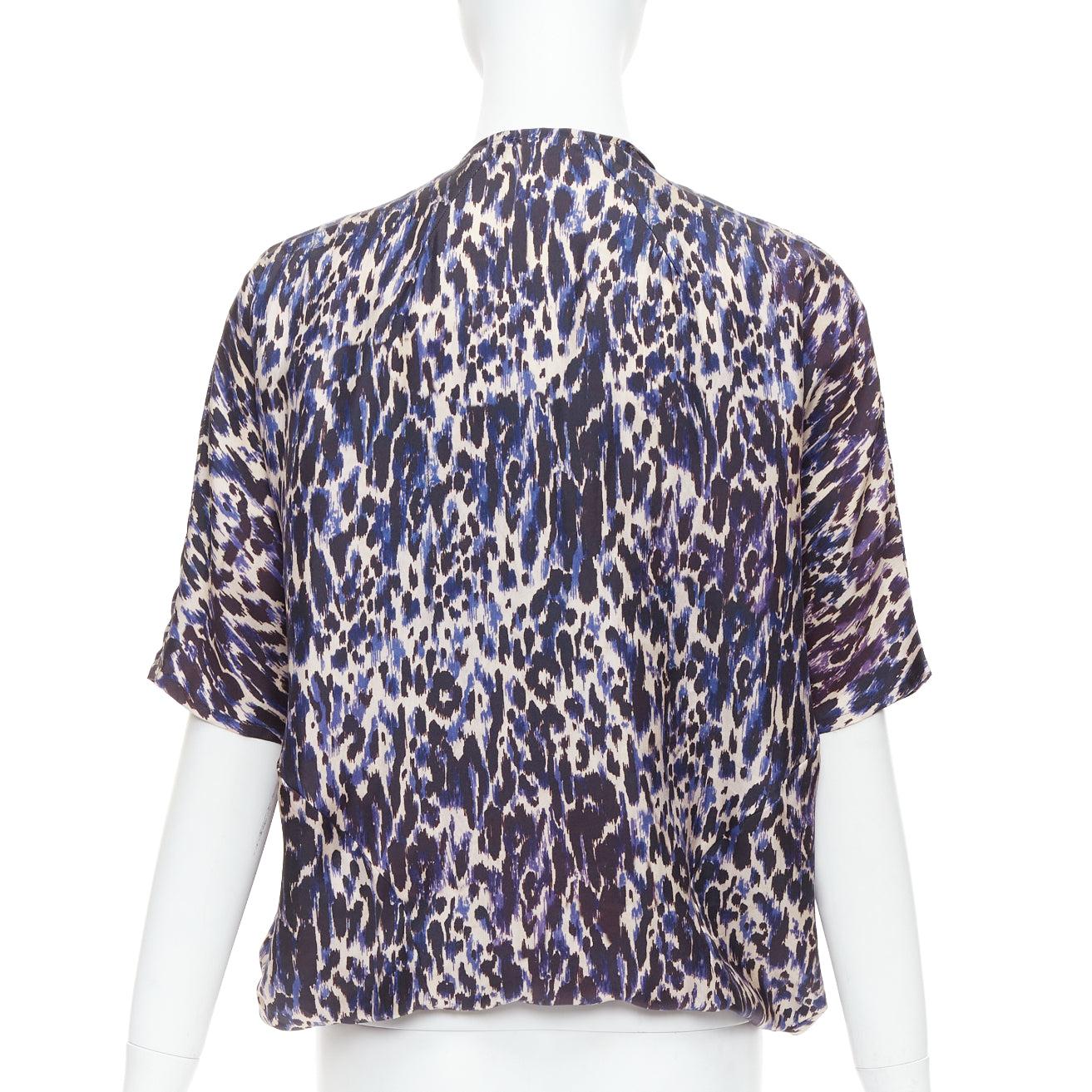 Women's DRIES VAN NOTEN purple 100% silk leopard print tie front blouse FR36 S