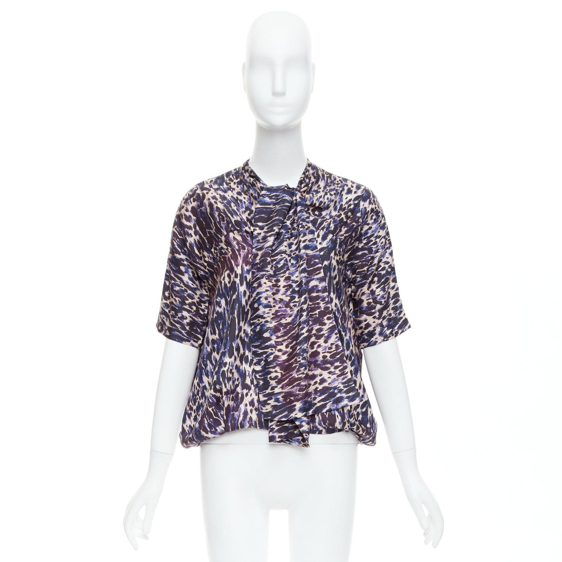 DRIES VAN NOTEN purple 100% silk leopard print tie front blouse FR36 S 4