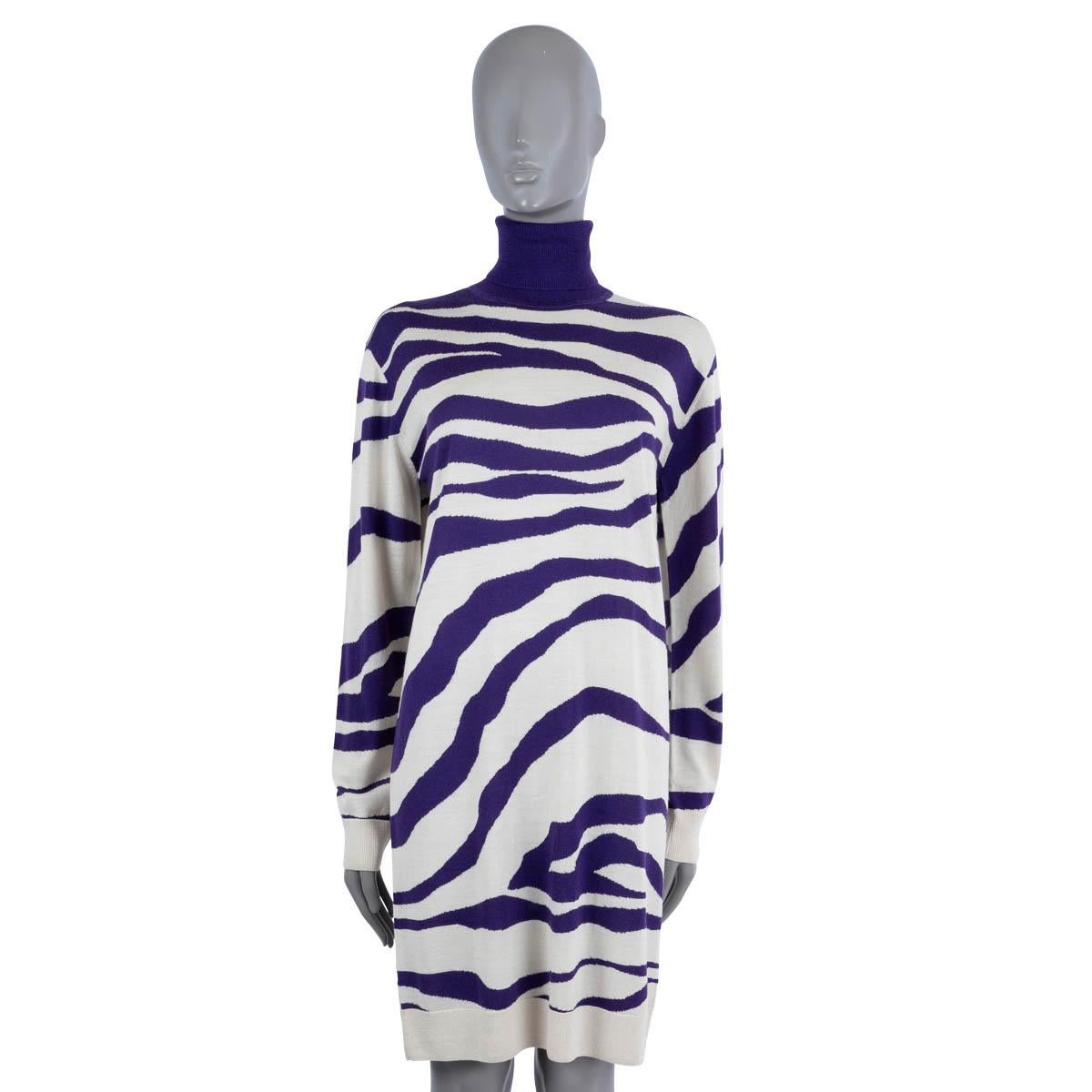 Gray DRIES VAN NOTEN purple white wool 2022 NAYELI ZEBRA TURTLENECK KNIT Dress XS For Sale
