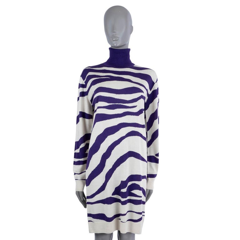 DRIES VAN NOTEN purple white wool 2022 NAYELI ZEBRA TURTLENECK KNIT Dress  XS For Sale at 1stDibs