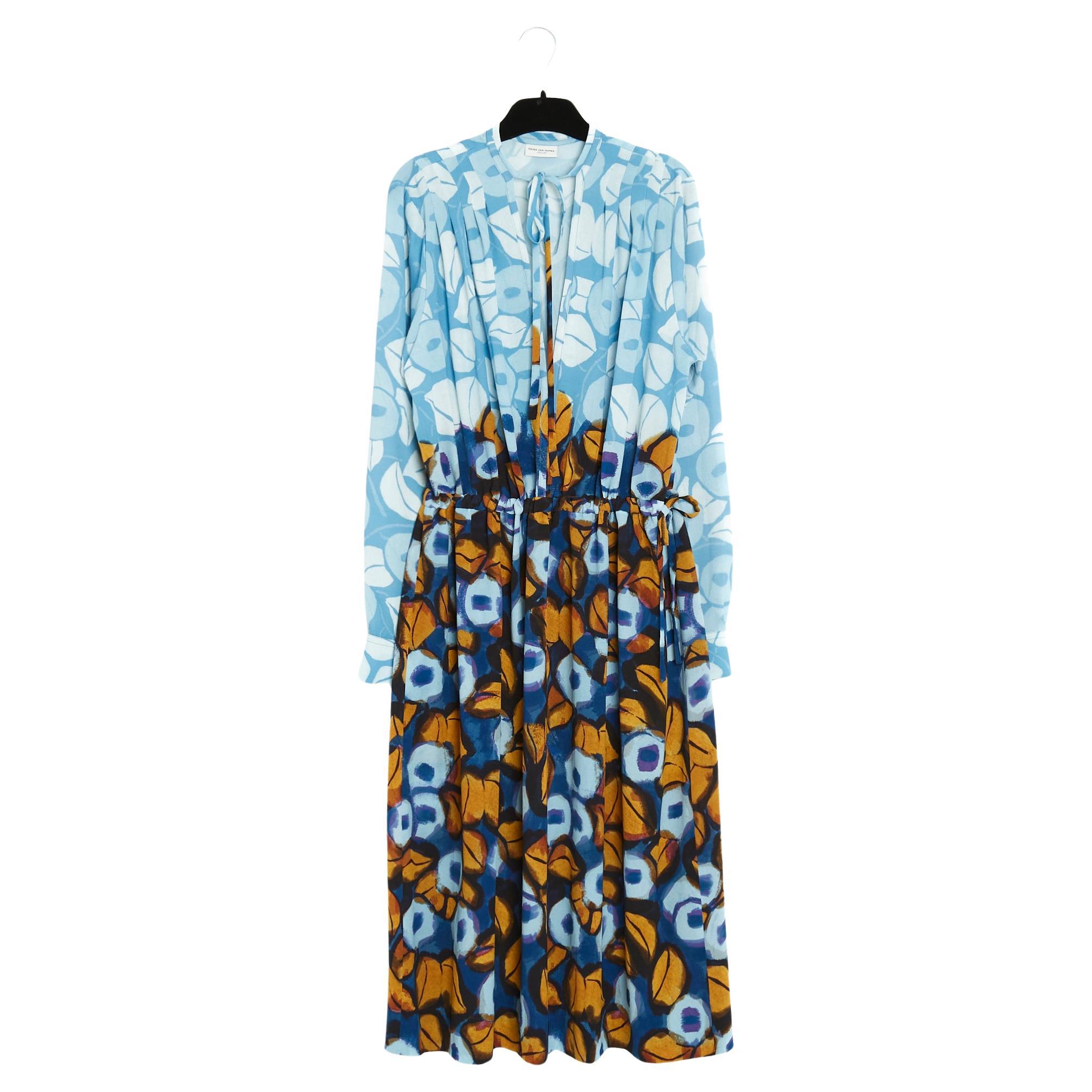 Dries Van Noten Robe FR38 Blue Saffron Crepe Maxi Dress US8 For Sale