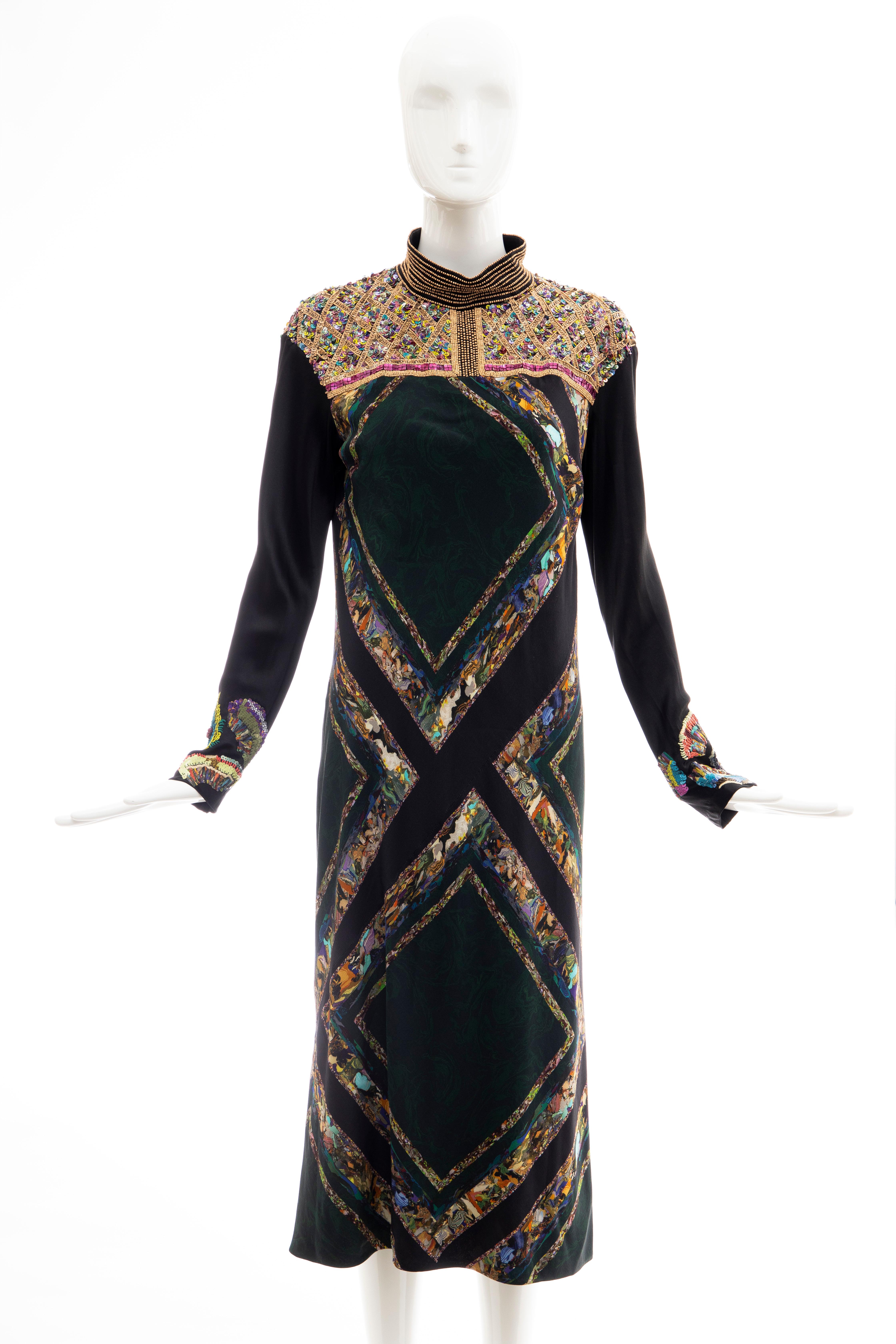 Dries van Noten Runway Fall 2008, bead & sequin embroidery, black long sleeve printed silk dress with  back button closure at nape.

EU. 42

Bust:  35, Waist: 36, Hip: 38, Shoulder: 18, Sleeve: 23.5, Length: 45.5 