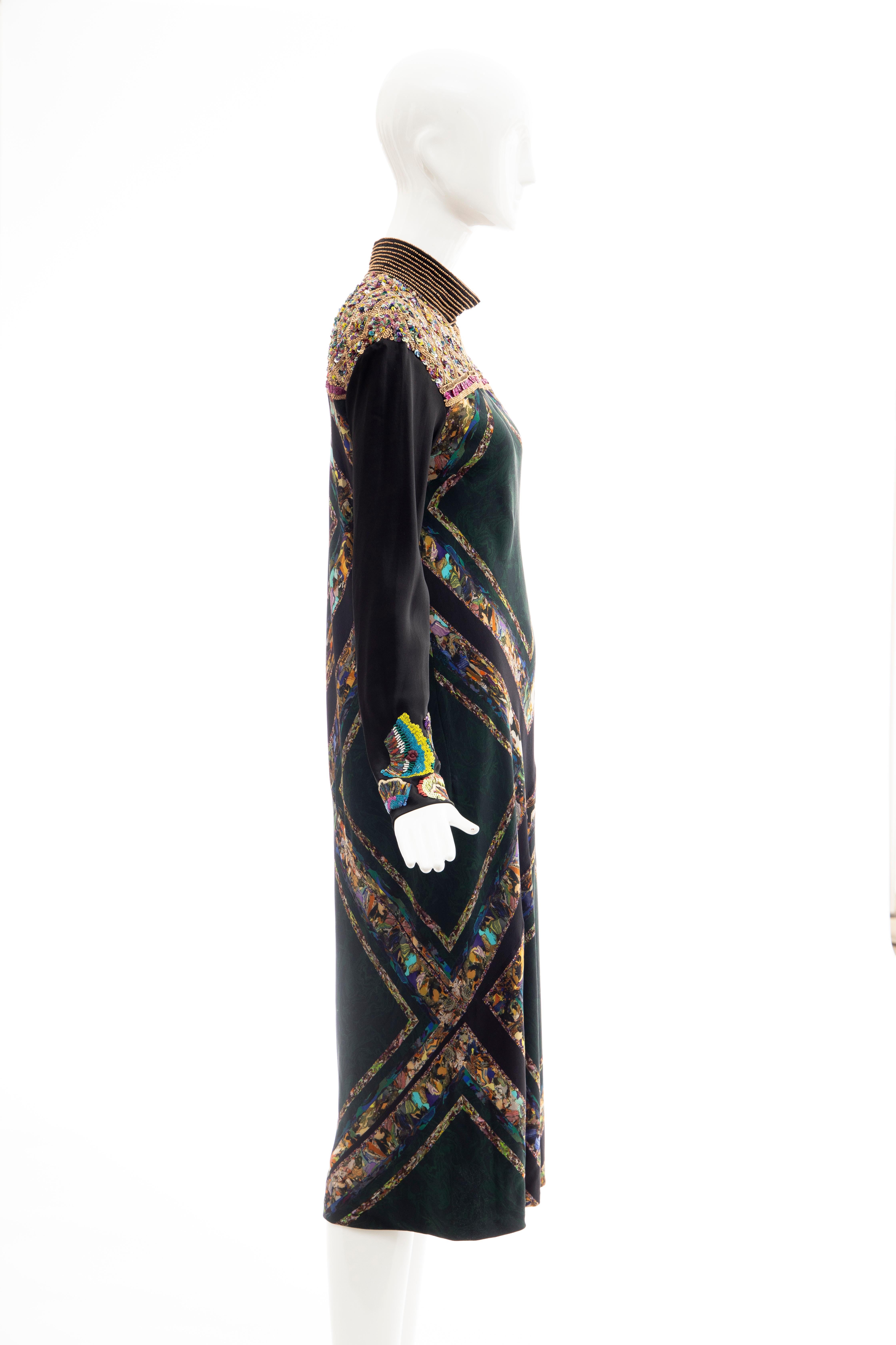 Women's Dries van Noten Runway Bead & Sequin Embroidery Silk Printed Dress, Fall 2008