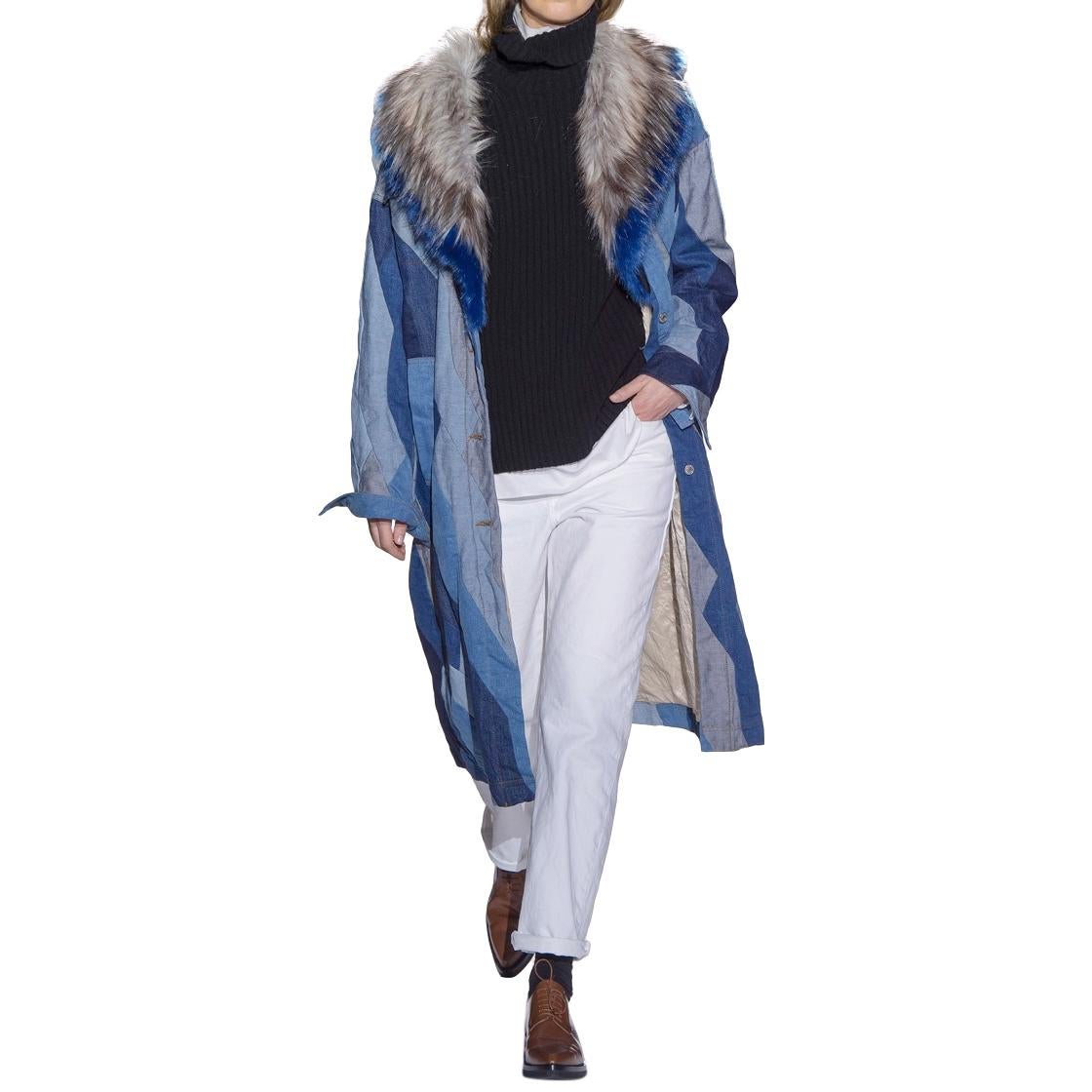 Dries Van Noten Runway Blue Denim Patchwork Faux Fur Collar Coat - Size Small 3