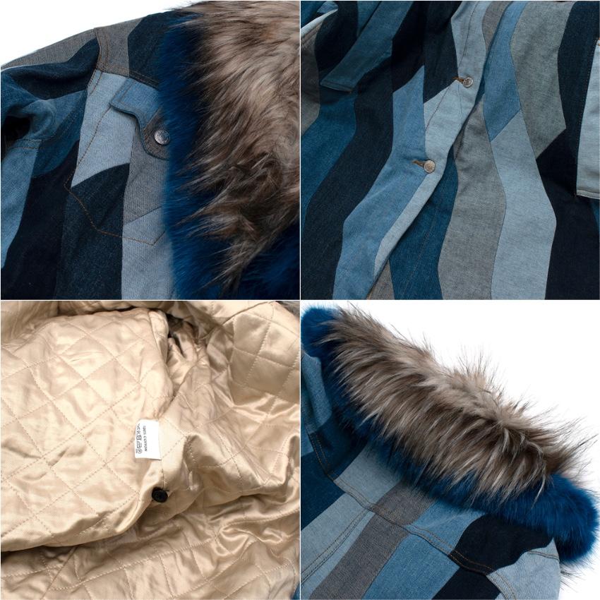 Dries Van Noten Runway Blue Denim Patchwork Faux Fur Collar Coat - Size Small 2