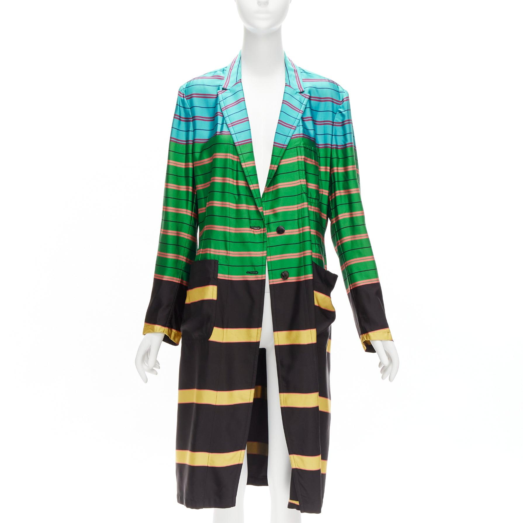 DRIES VAN NOTEN Runway blue green yellow stripes viscose robe coat FR40 L In Good Condition In Hong Kong, NT