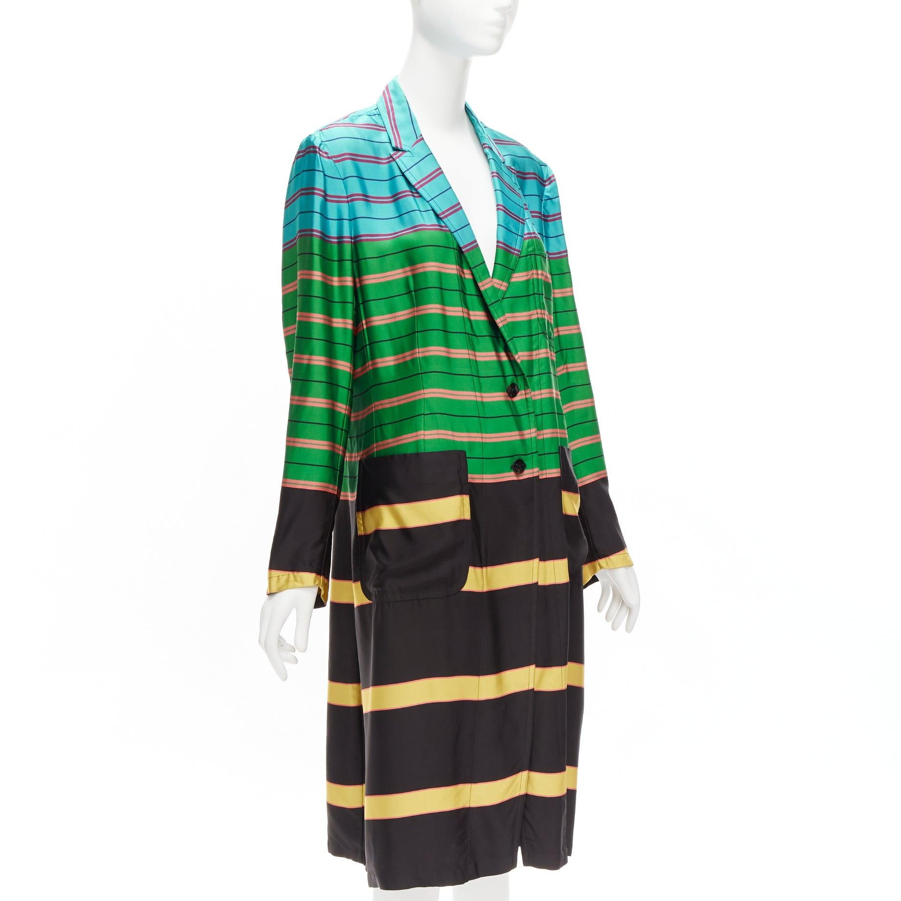 Women's DRIES VAN NOTEN Runway blue green yellow stripes viscose robe coat FR40 L