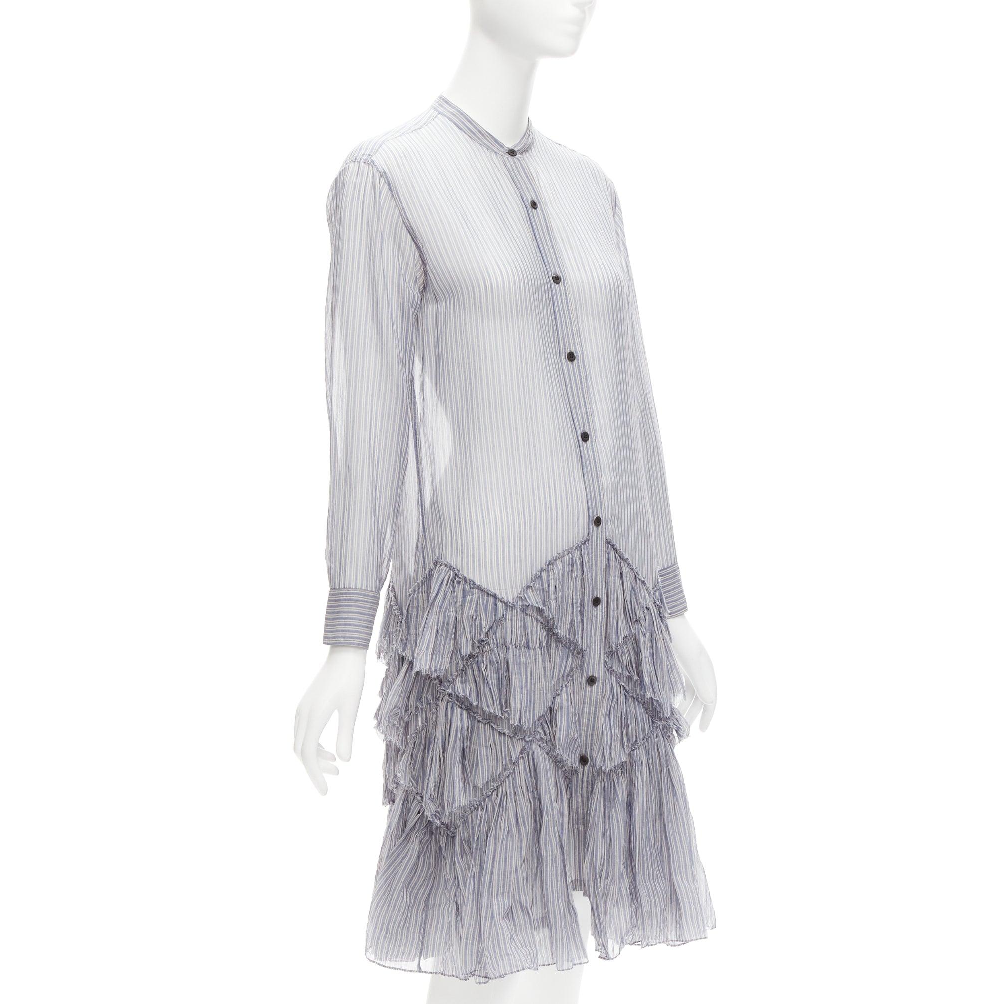 Gray DRIES VAN NOTEN Runway blue grey pinstripe sheer cotton ruffle hem dress FR34 XS For Sale