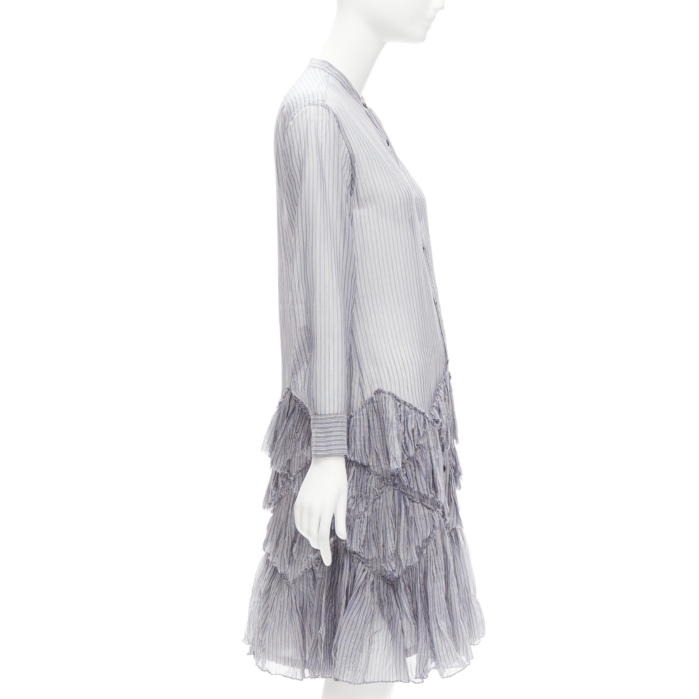 DRIES VAN NOTEN Laufsteg Kleid aus durchsichtiger Baumwolle mit Rüschensaum in Blau und Grau mit Nadelstreifen FR34 XS Damen im Angebot
