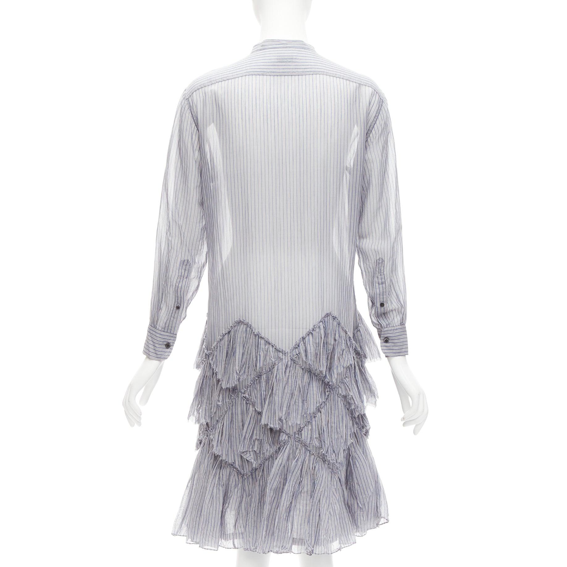Women's DRIES VAN NOTEN Runway blue grey pinstripe sheer cotton ruffle hem dress FR34 XS For Sale