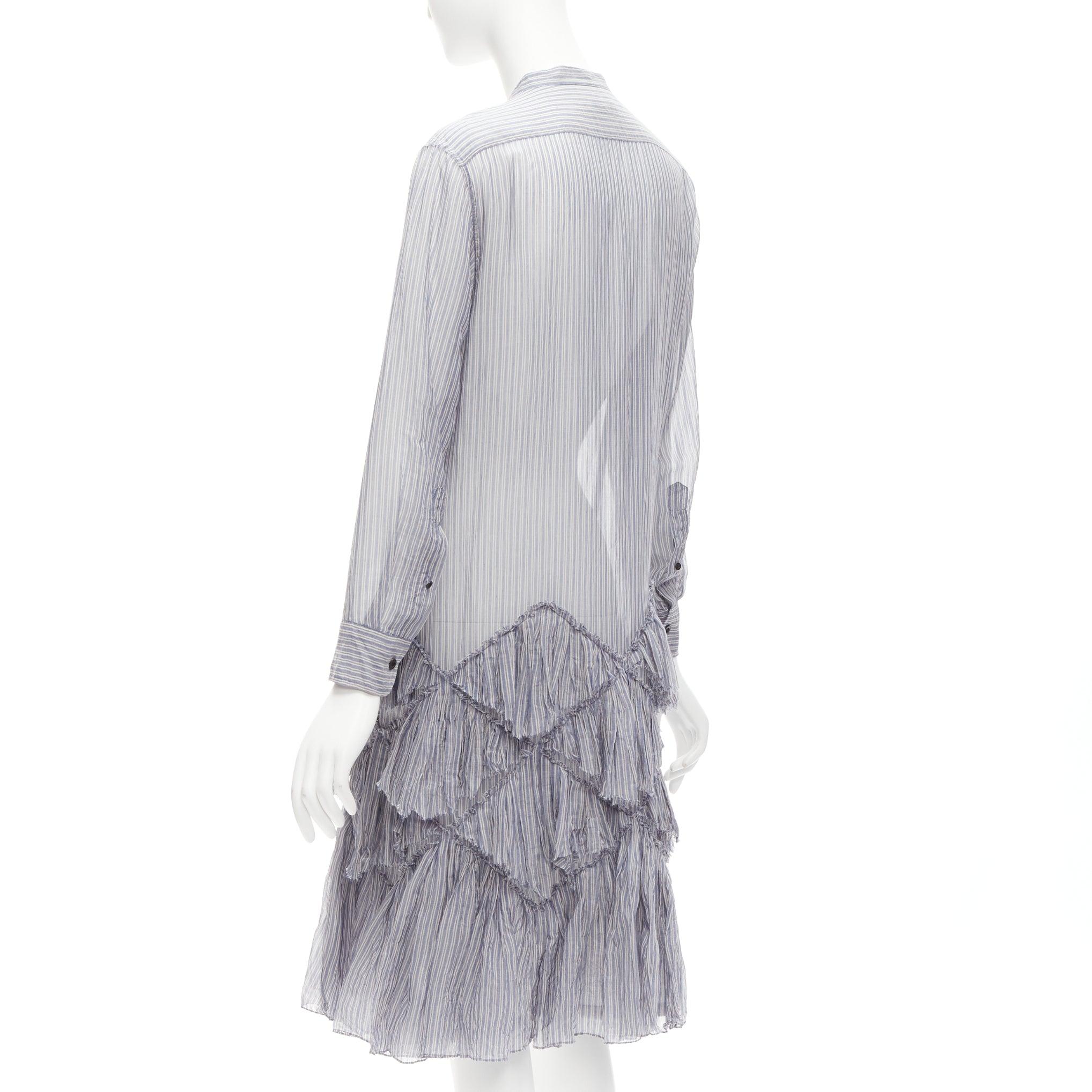DRIES VAN NOTEN Runway blue grey pinstripe sheer cotton ruffle hem dress FR34 XS For Sale 1