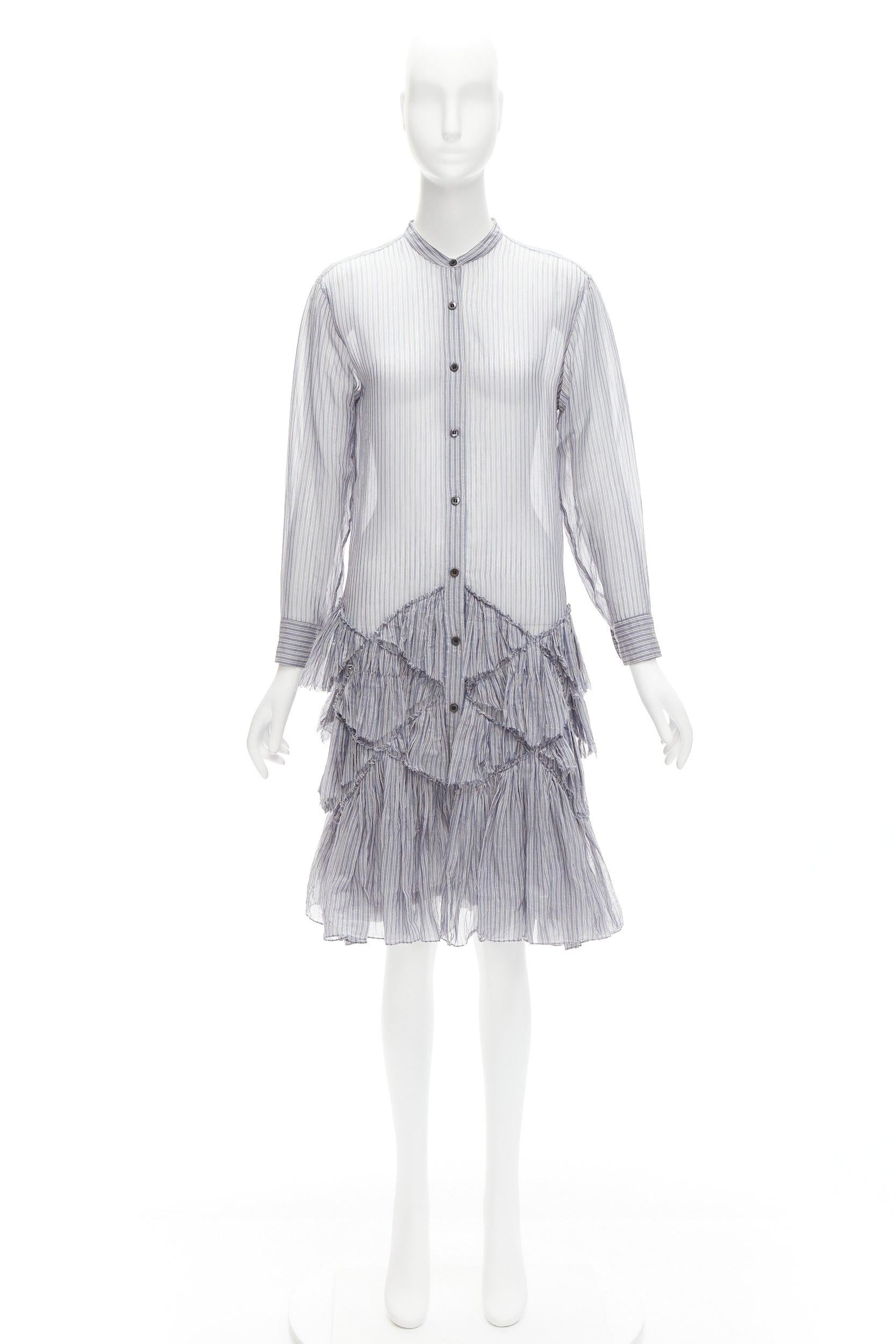 DRIES VAN NOTEN Runway blue grey pinstripe sheer cotton ruffle hem dress FR34 XS For Sale 4