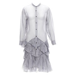 DRIES VAN NOTEN Runway blue grey pinstripe sheer cotton ruffle hem dress FR34 XS