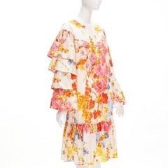 DRIES VAN NOTEN Runway colourful floral tiered sleeve ruffle midi dress FR34 XS