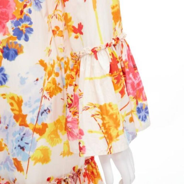 Beige DRIES VAN NOTEN Runway colourful floral tiered sleeve ruffle midi dress FR34 XS For Sale