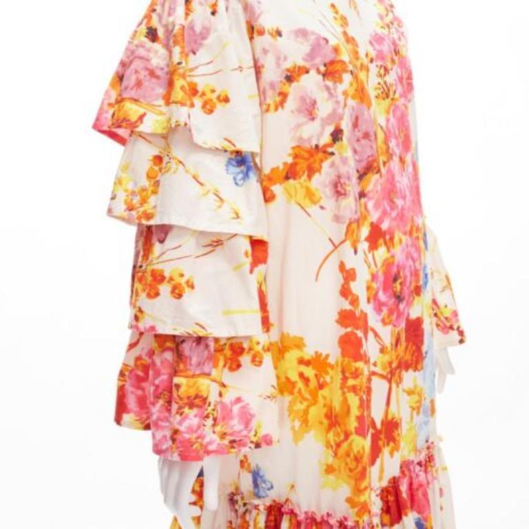 DRIES VAN NOTEN Runway colourful floral tiered sleeve ruffle midi dress FR34 XS For Sale 2
