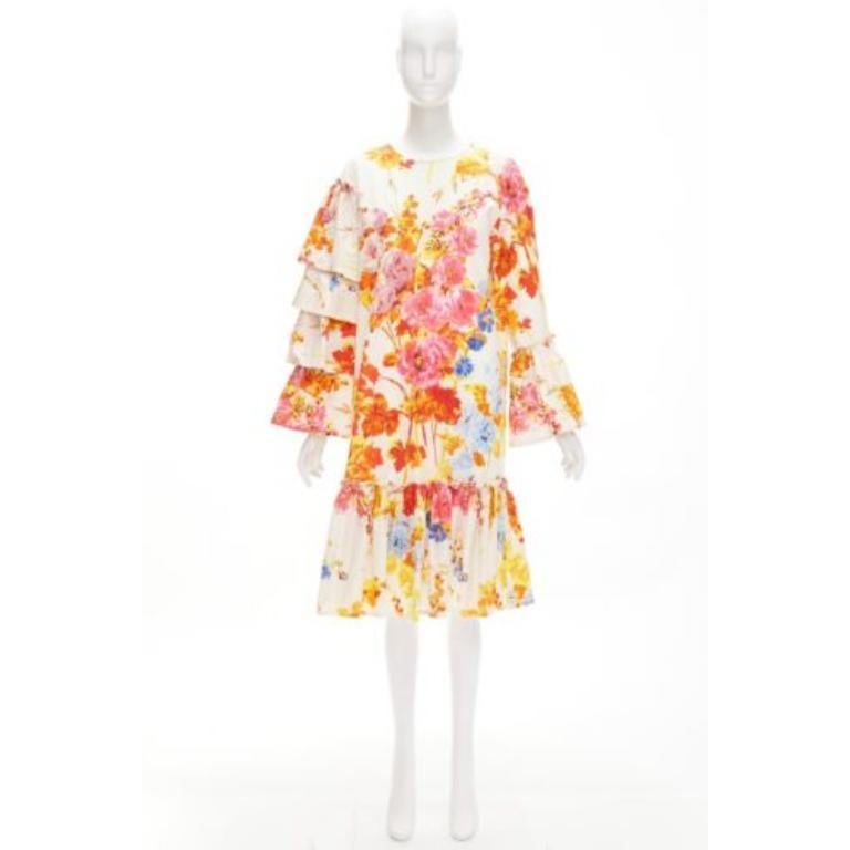 DRIES VAN NOTEN Runway colourful floral tiered sleeve ruffle midi dress FR34 XS For Sale 4