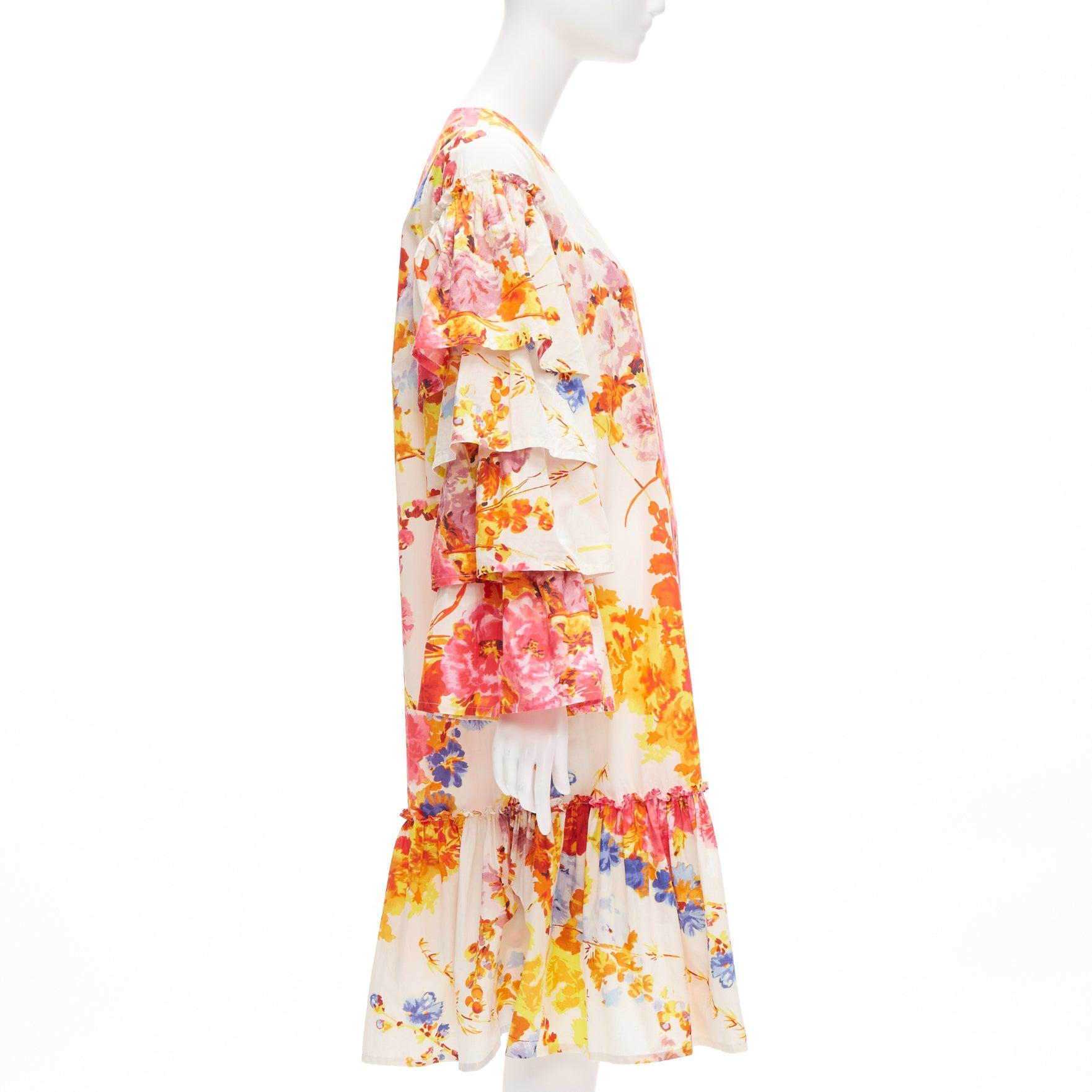 Beige DRIES VAN NOTEN Runway cream floral tiered sleeve ruffle midi dress FR34 XS For Sale