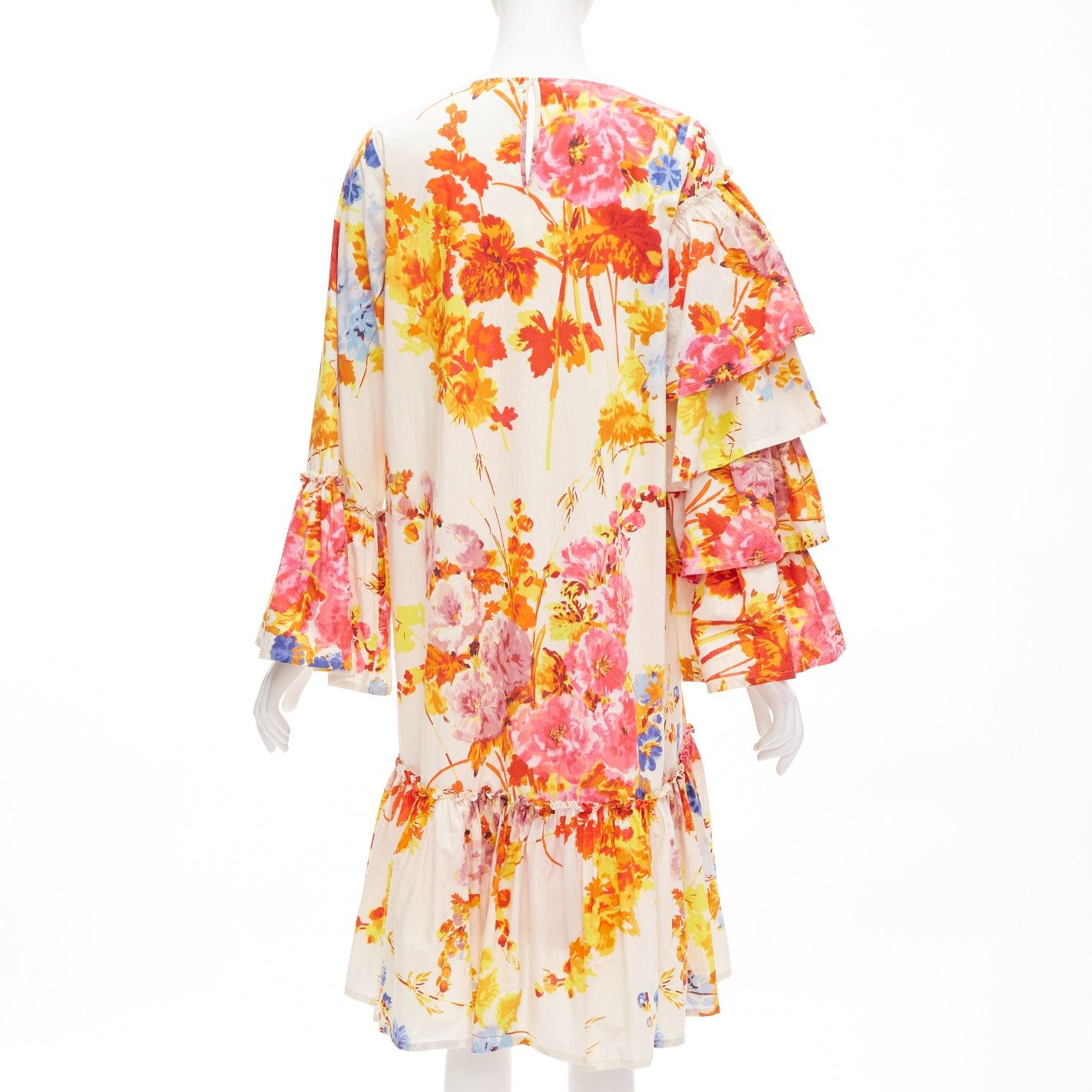 DRIES VAN NOTEN Runway cream floral tiered sleeve ruffle midi dress FR34 XS In Excellent Condition For Sale In Hong Kong, NT