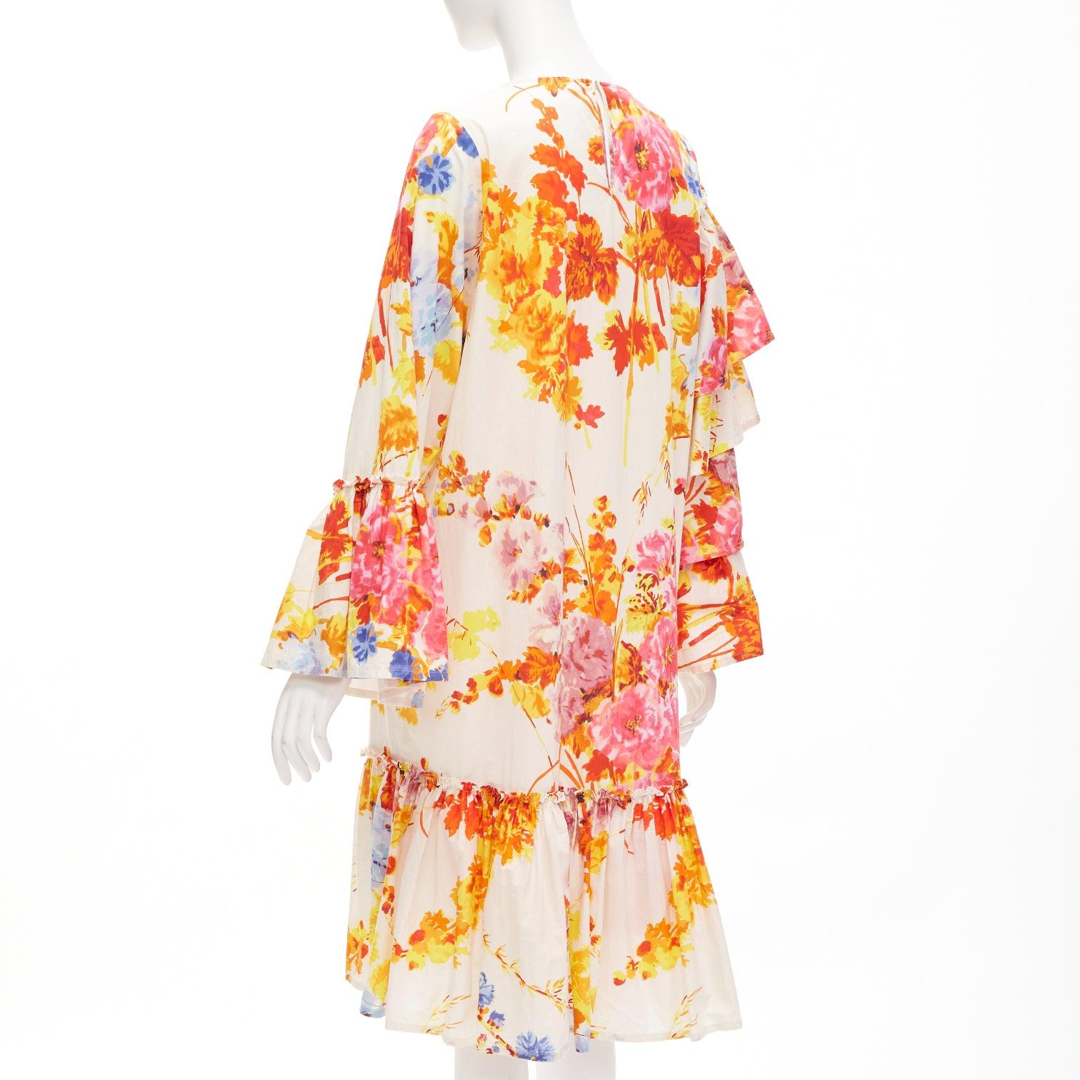 Women's DRIES VAN NOTEN Runway cream floral tiered sleeve ruffle midi dress FR34 XS For Sale