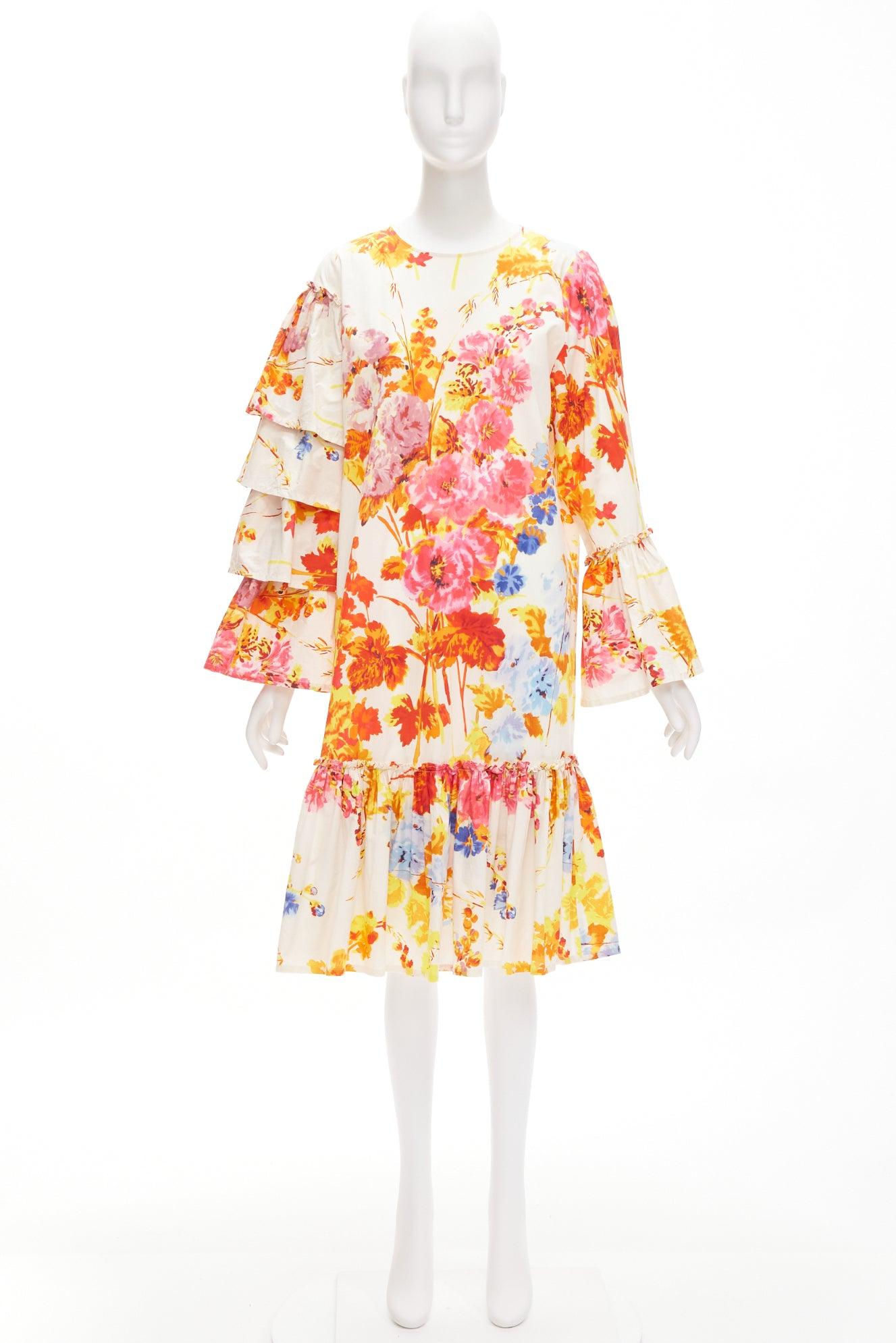 DRIES VAN NOTEN Runway cream floral tiered sleeve ruffle midi dress FR34 XS For Sale 3