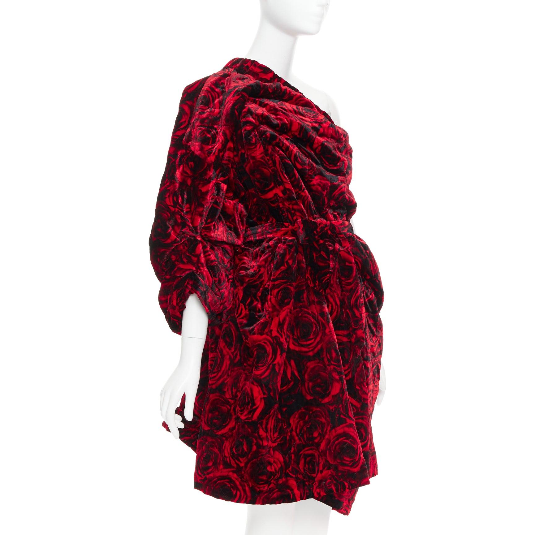 Red DRIES VAN NOTEN Runway Delta red rose print velvet quilted one shoulder dress M For Sale