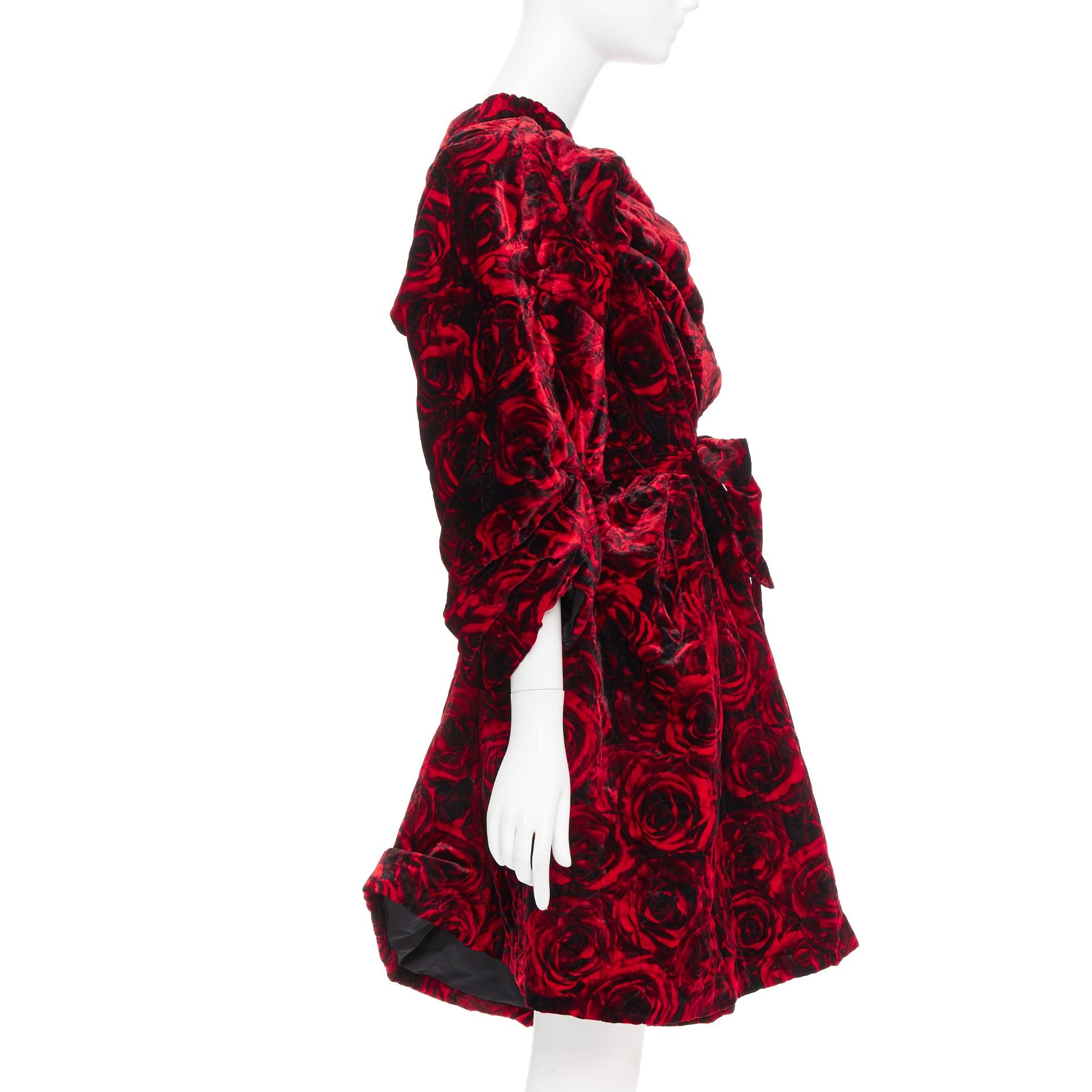 DRIES VAN NOTEN Runway Delta red rose print velvet quilted one shoulder dress M In Excellent Condition For Sale In Hong Kong, NT