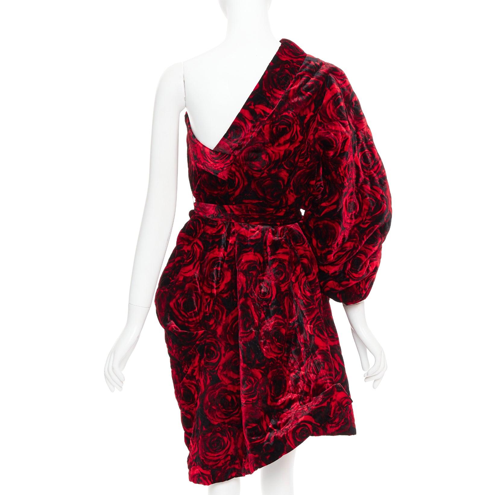 Women's DRIES VAN NOTEN Runway Delta red rose print velvet quilted one shoulder dress M For Sale