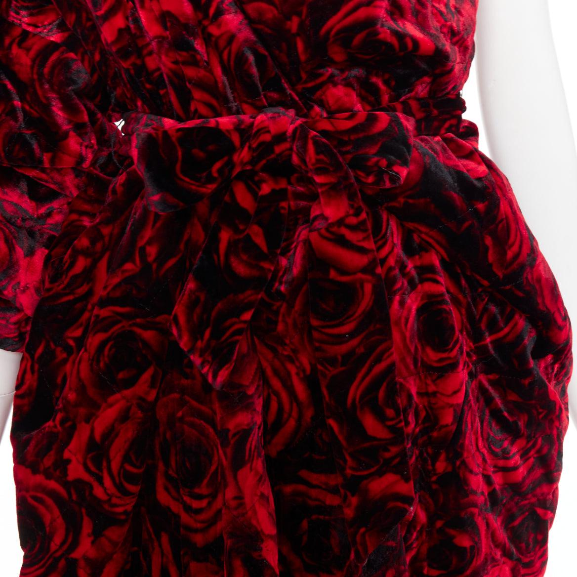 DRIES VAN NOTEN Runway Delta red rose print velvet quilted one shoulder dress M For Sale 2