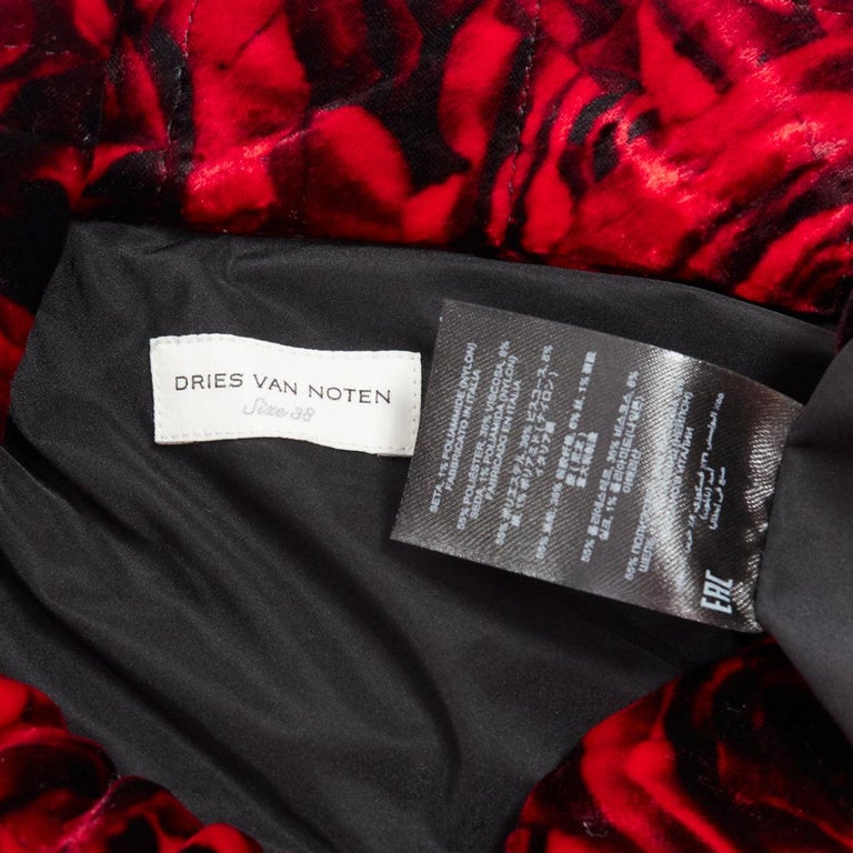 DRIES VAN NOTEN Runway Delta red rose print velvet quilted one shoulder  dress M For Sale at 1stDibs