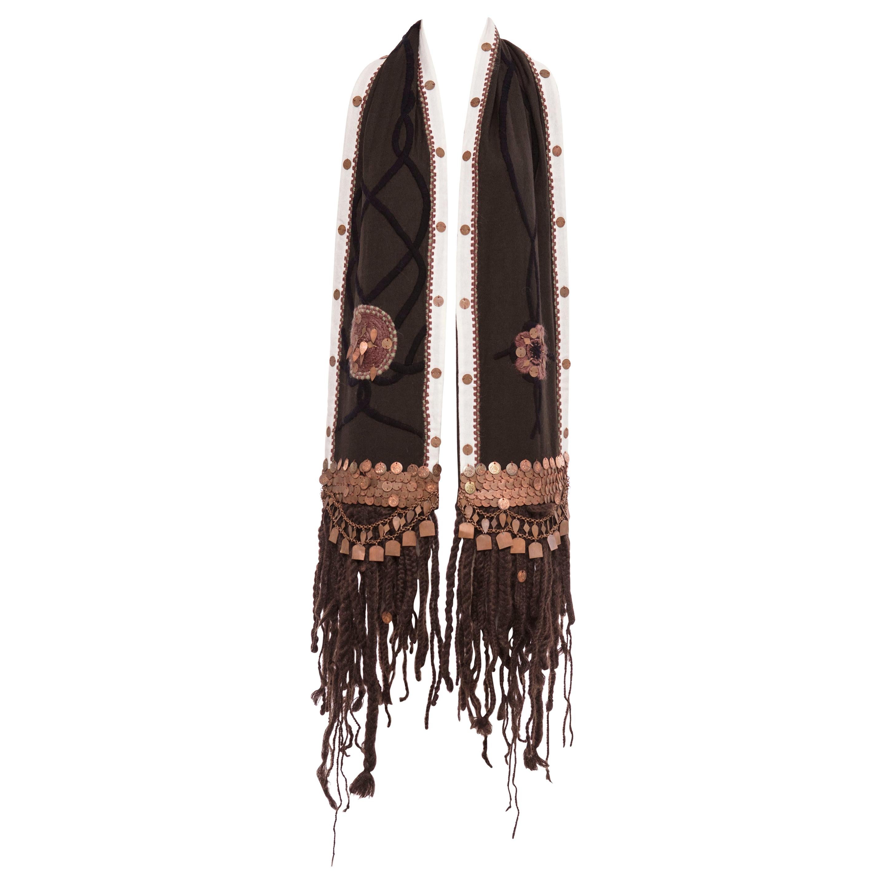 Dries Van Noten Runway Embroidered Wool Scarf Antiqued Copper-Coin, Fall 2002 For Sale
