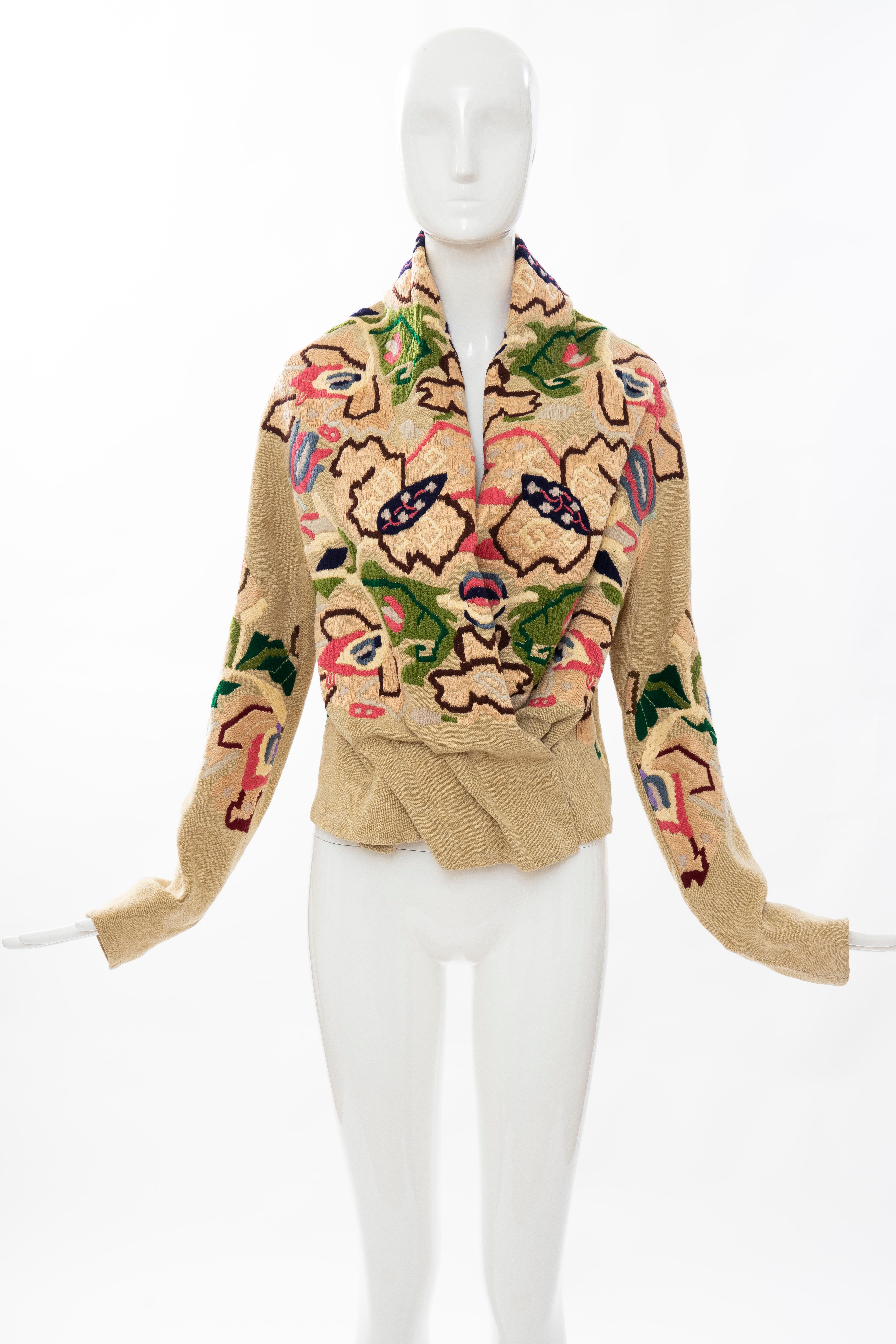 Dries Van Noten, Runway (Look 64) Fall 2002, floral embroidered linen jacket with button and hook-and-eye closure.

EU. 42, US. 6

Bust: 38