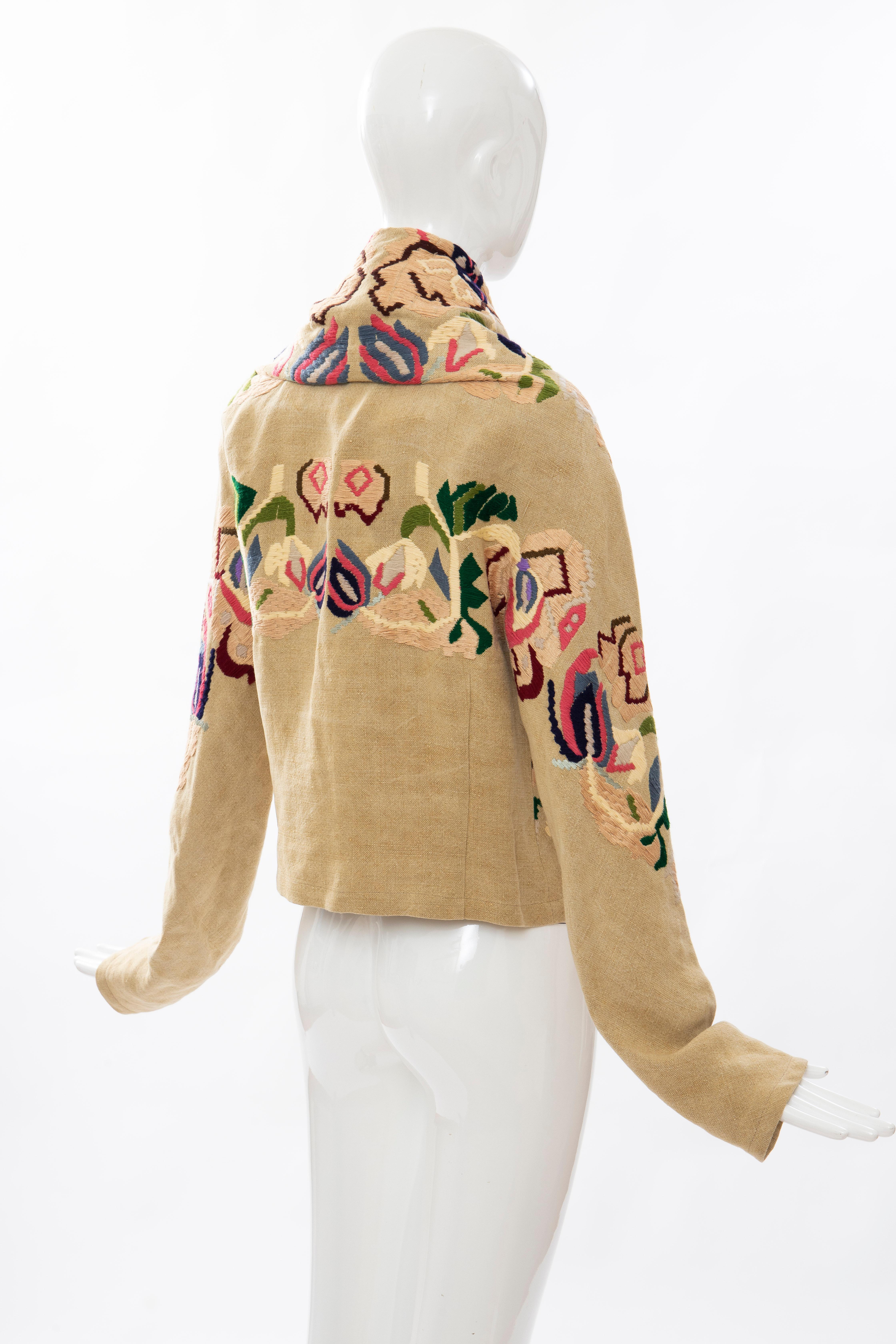 Brown Dries Van Noten Runway Floral Embroidered Linen Jacket, Fall 2002 For Sale