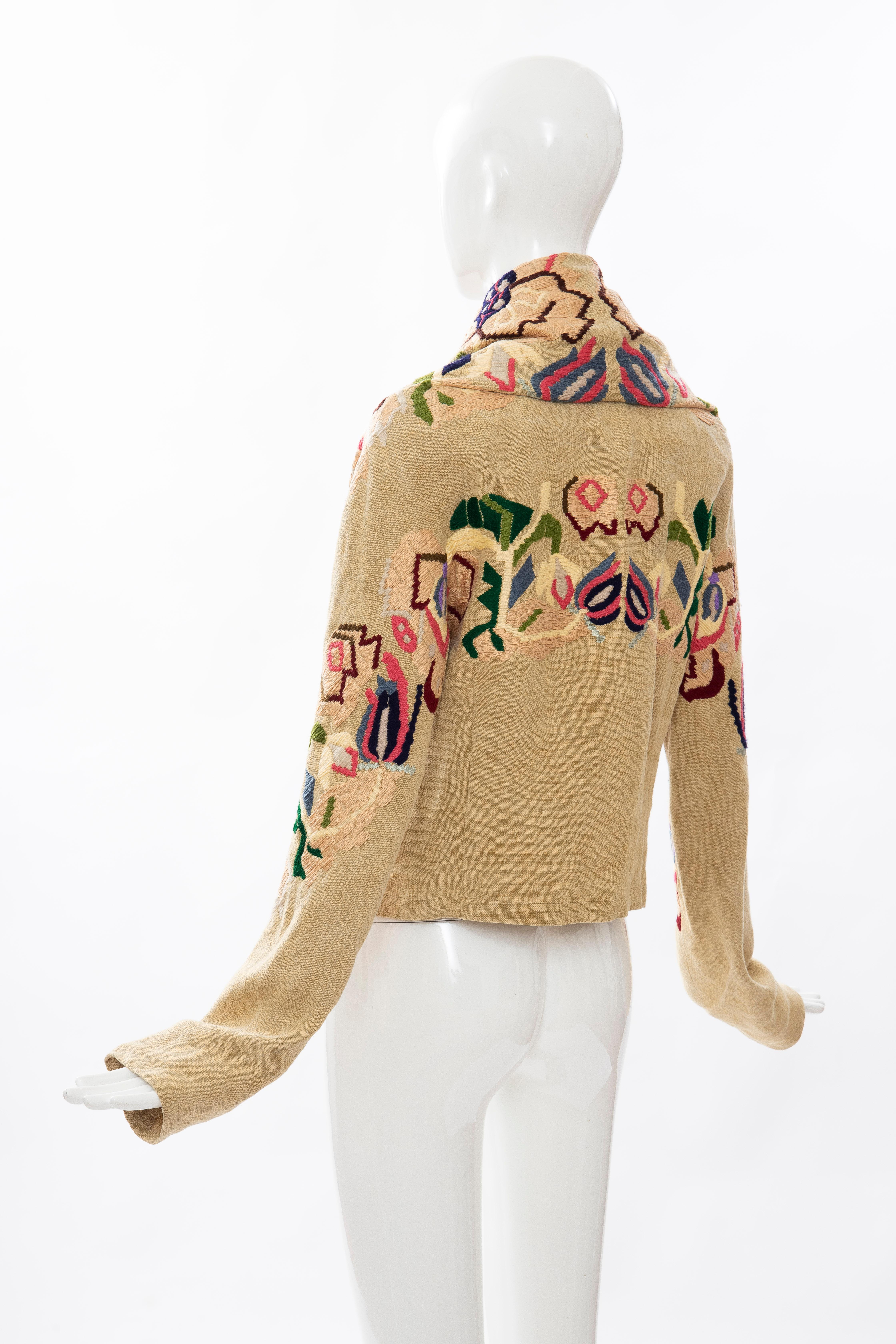 Women's Dries Van Noten Runway Floral Embroidered Linen Jacket, Fall 2002 For Sale