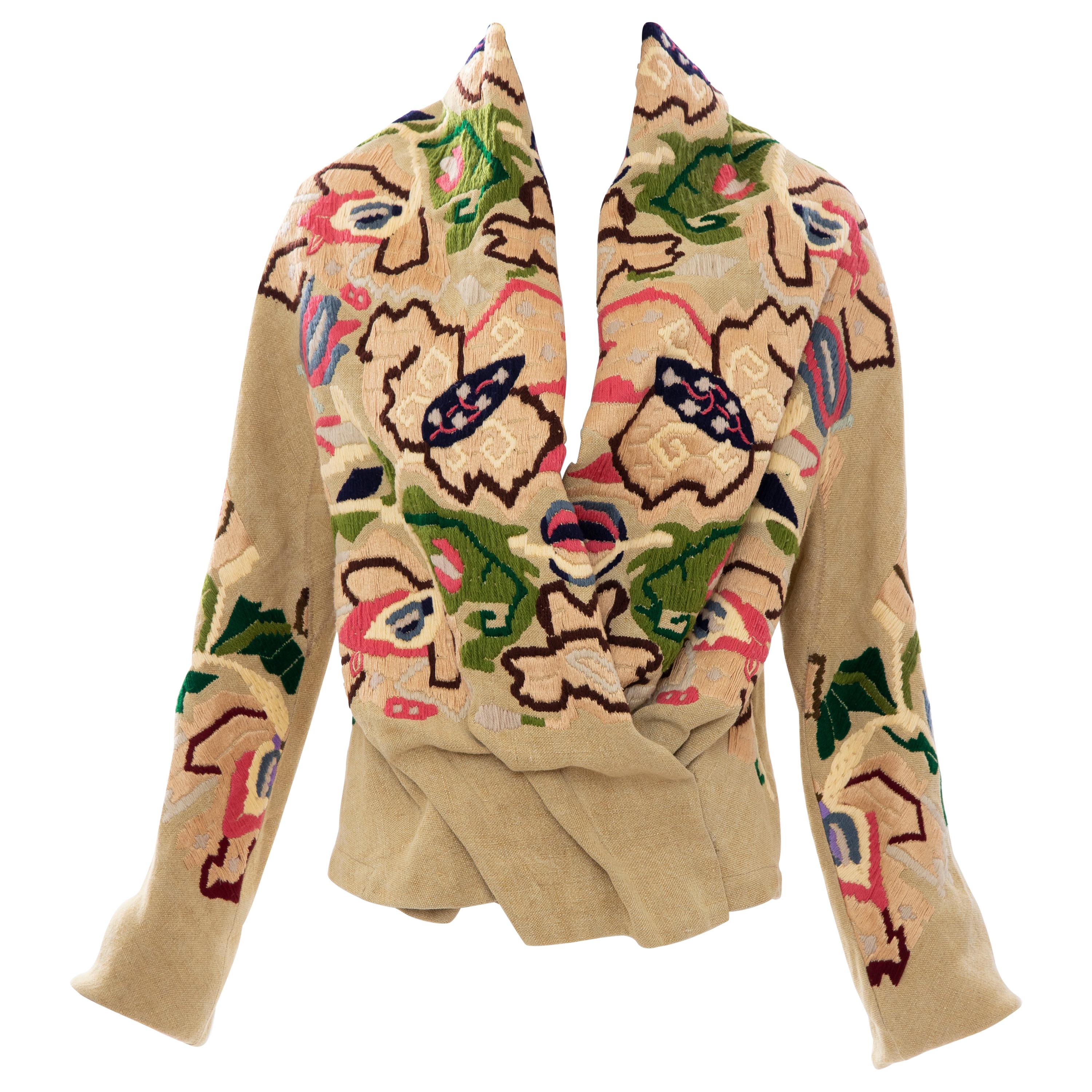 Dries Van Noten Runway Floral Embroidered Linen Jacket, Fall 2002 For Sale
