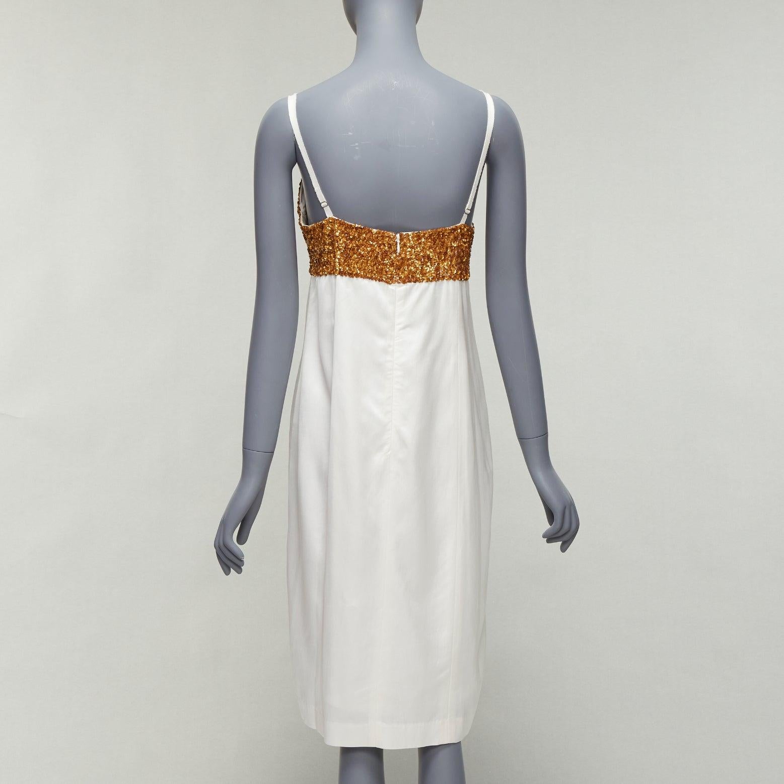 Women's DRIES VAN NOTEN Runway gold sequins bust white satin strappy slip dress FR36 S For Sale