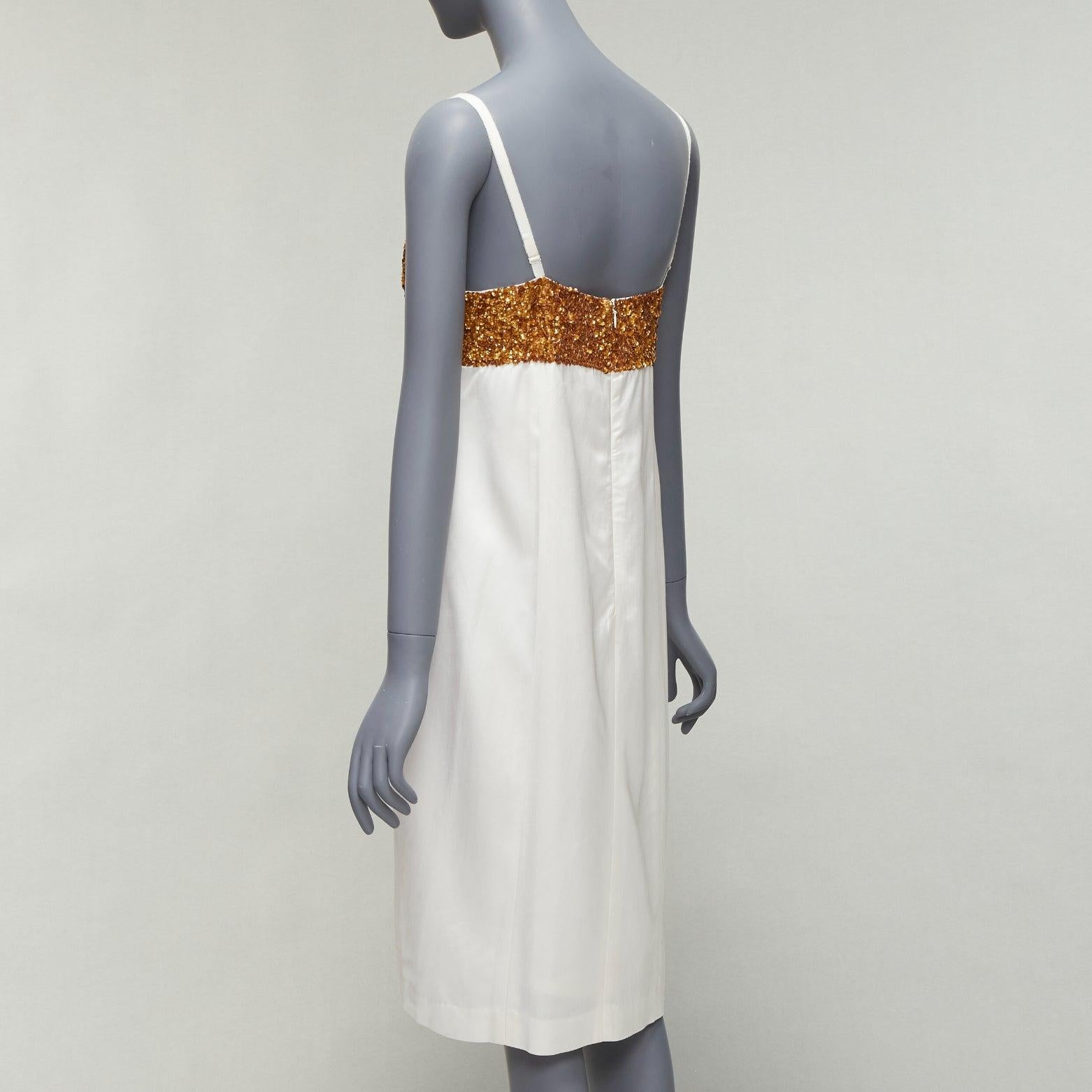 DRIES VAN NOTEN Runway gold sequins bust white satin strappy slip dress FR36 S For Sale 1