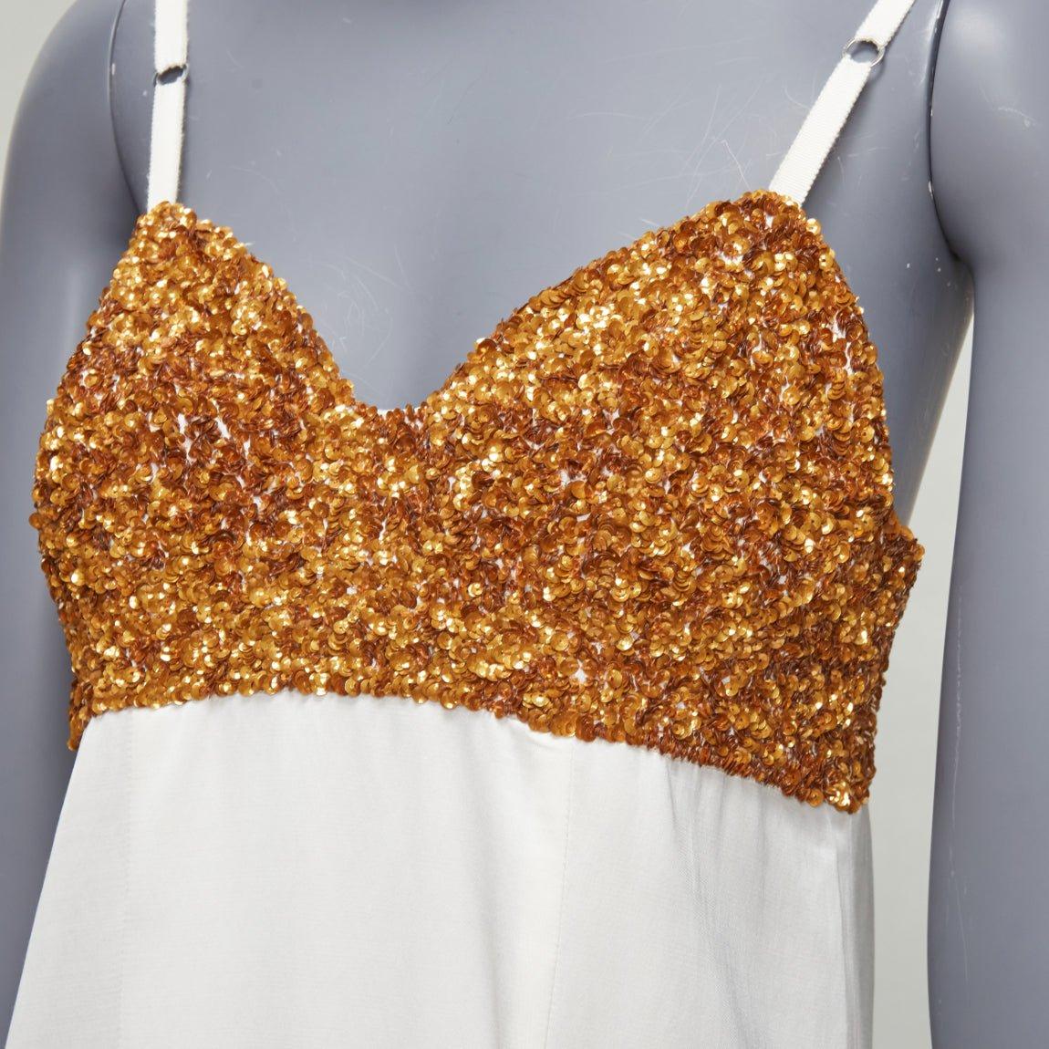 DRIES VAN NOTEN Runway gold sequins bust white satin strappy slip dress FR36 S For Sale 2